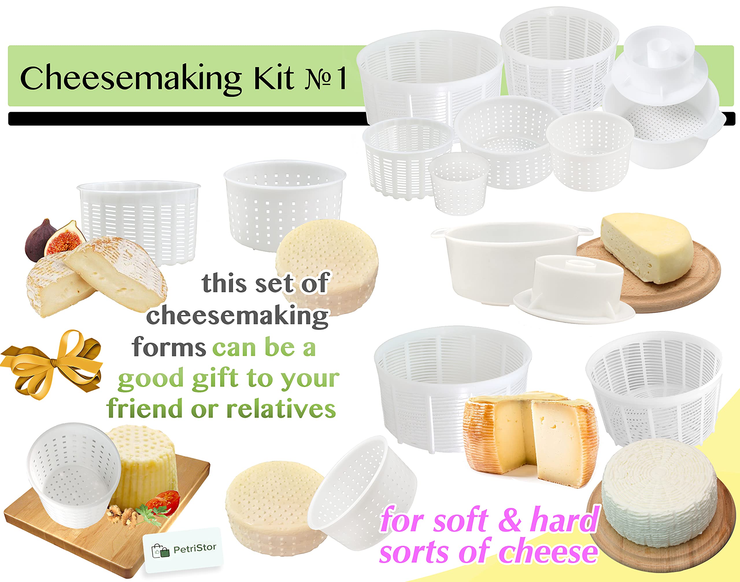 PetriStor 7-Piece Cheese Making Kit for Beginners - Soft Cheese Molds with Follower Piston - Cream Cheese Form Mold Basket - DIY Homemade Mozzarella, Ricotta & Goat Cheese Supplies (Perfect for Home Cheesemaking, Gifts & Culinary Classes)