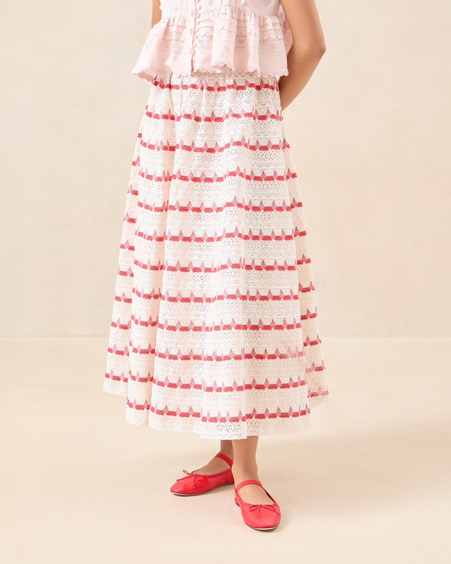 Janey Cream & Red Lace Skirt - Women's Elegant Floral Embroidered Midi Skirt for Party, Wedding & Special Occasions