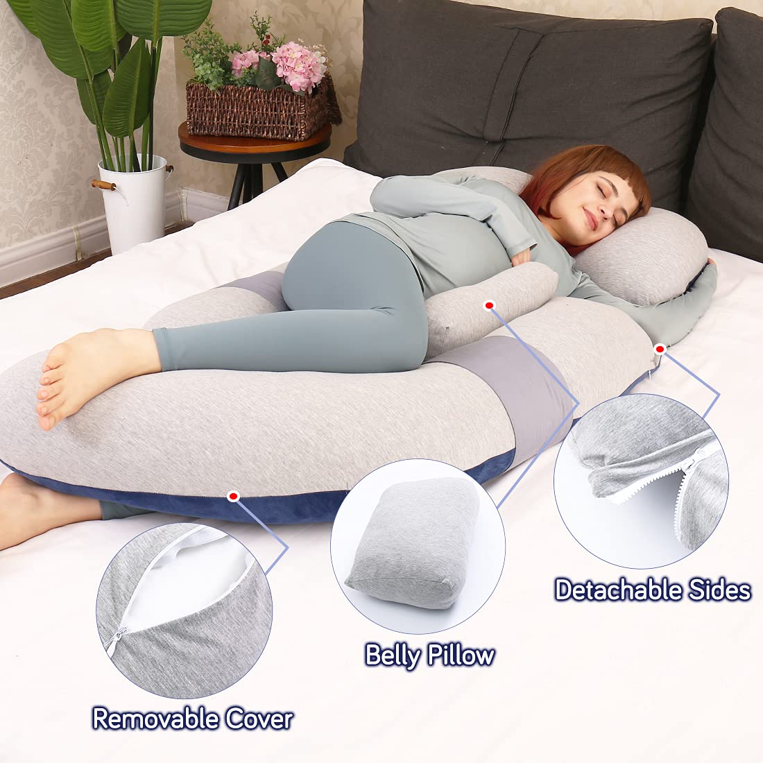MOON PINE 60 Inch Pregnancy Pillow for Maternity Support - Detachable U-Shaped Full Body Pillow for Pregnant Women, Grey & Blue Velvet & Jersey Cover - Perfect for Side Sleeping, Back Pain Relief and Comfortable Pregnancy Sleep