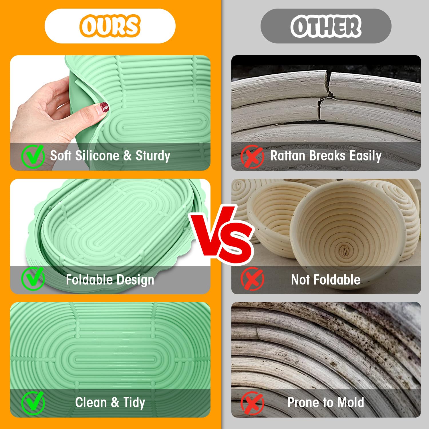 Winceed 10 Inch Oval Silicone Banneton Bread Proofing Basket - Foldable Sourdough Proofing Bowl Kit for Artisan Bread Baking, Perfect for Beginners (Green & Orange) | Ideal for Homemade Sourdough, French Bread & Baking Enthusiasts