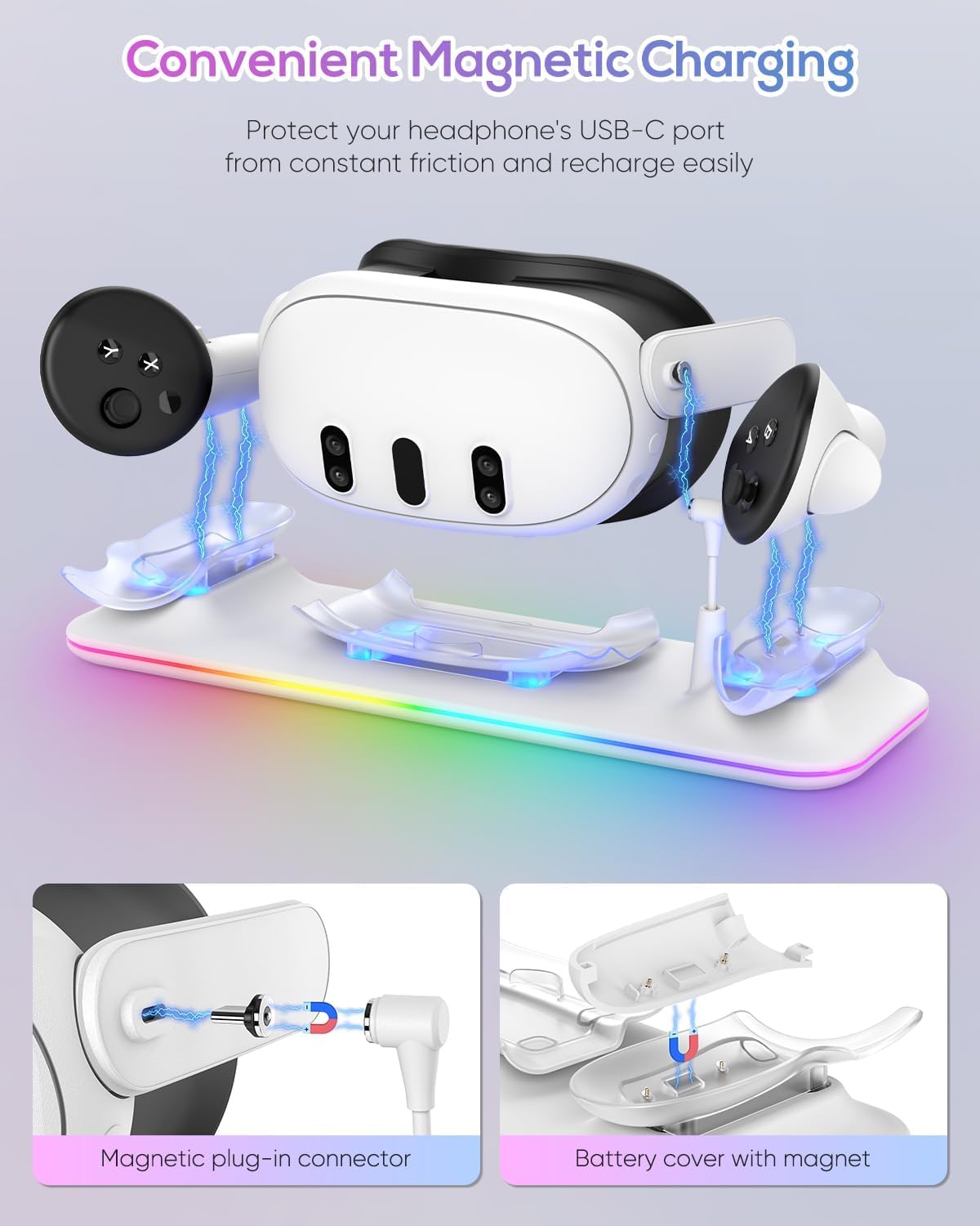 Meta Quest 3S/Quest 3 Fast Charging Dock with RGB Lights - Magnetic Charging Station for Oculus Headset & Controllers (Includes 2 Rechargeable Batteries) | Perfect for VR Gaming Setup & Home Entertainment