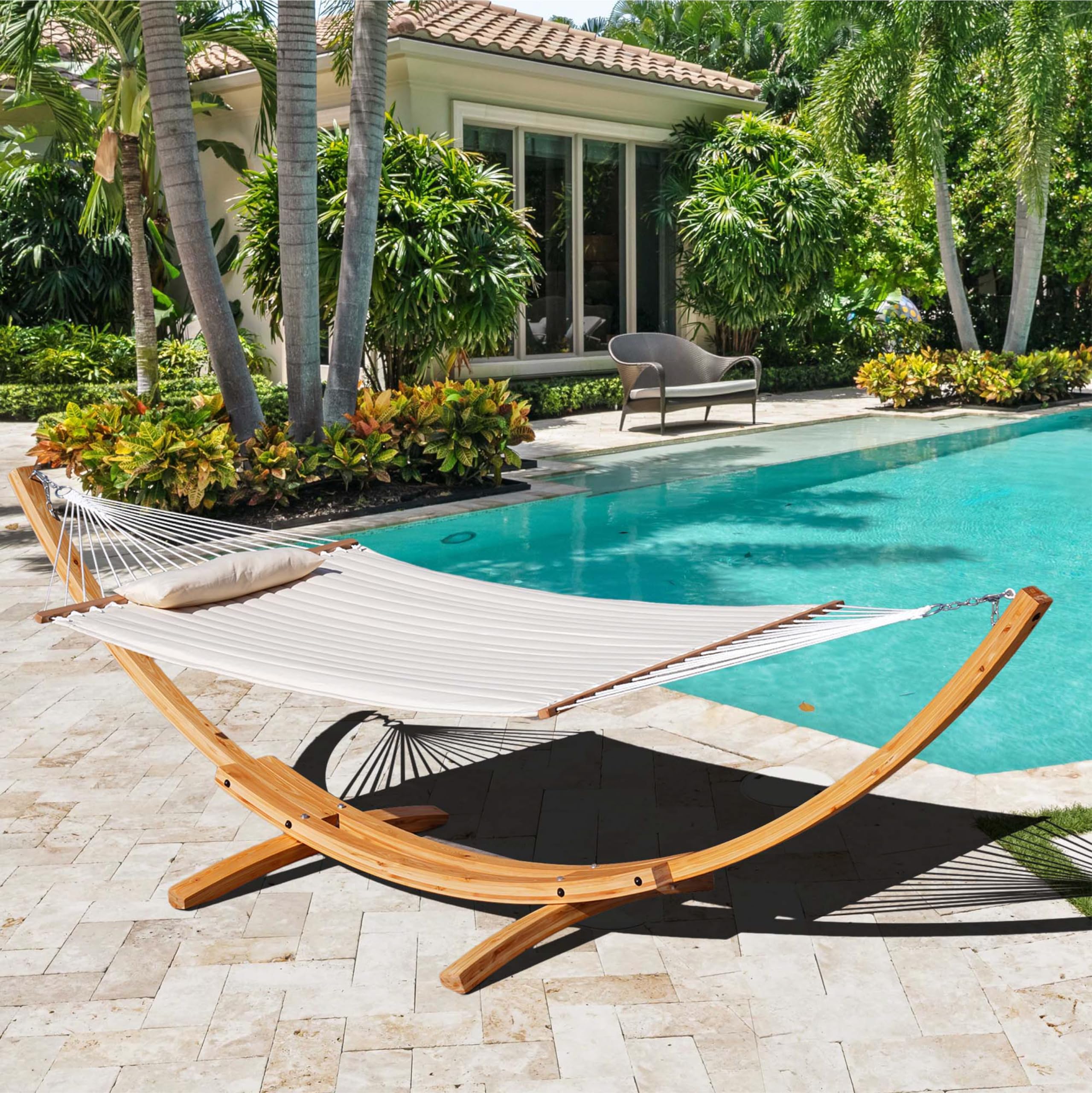 13 FT Outdoor Arc Wood Hammock Stand for 2 Persons - Russian Pine Hardwood with Carabiners & Chains - 500lb Capacity - Perfect for Patio, Garden, Yard & Poolside Relaxation - Natural Finish