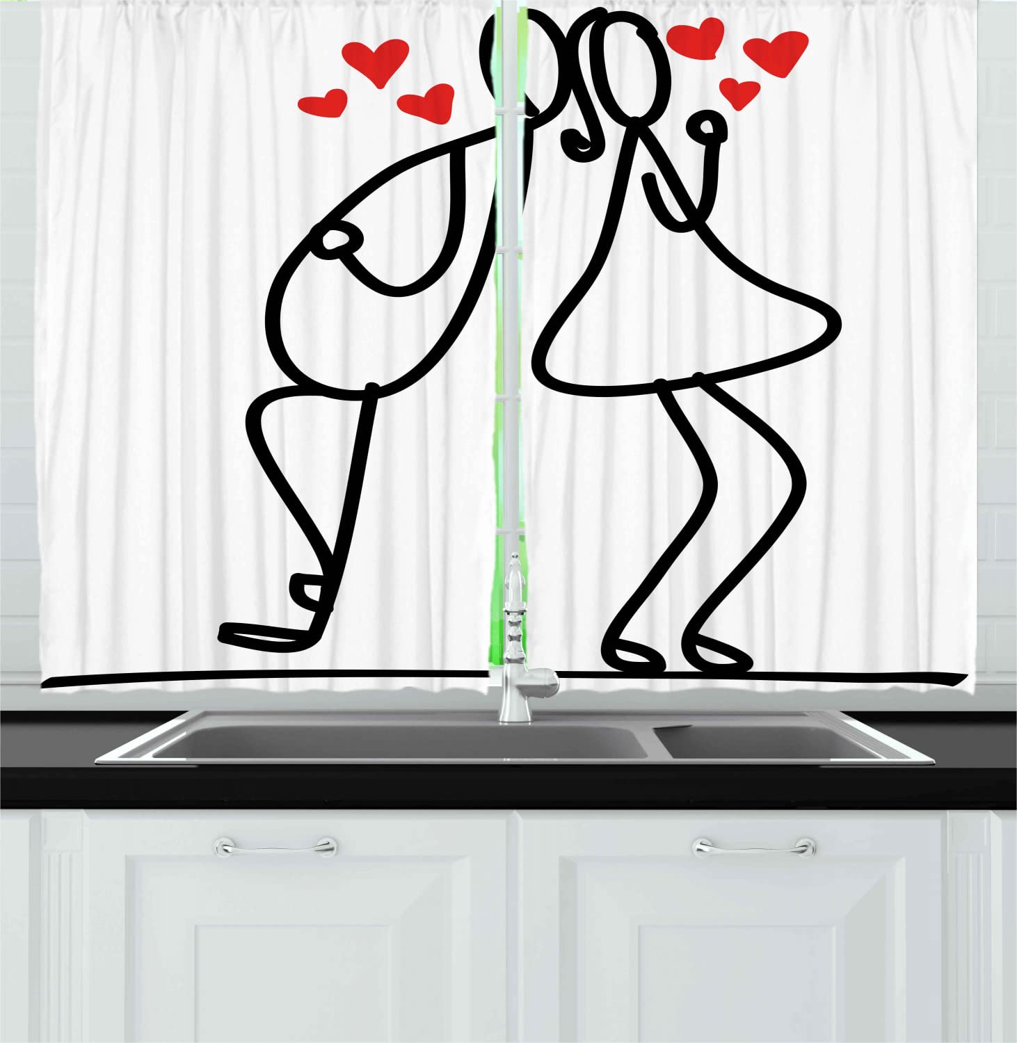 Ambesonne Valentine Long Kitchen Curtains - Cartoon Style Hand Drawn Romantic Couple & Hearts Love Theme - 2 Panel Set with Rod Pocket - 55