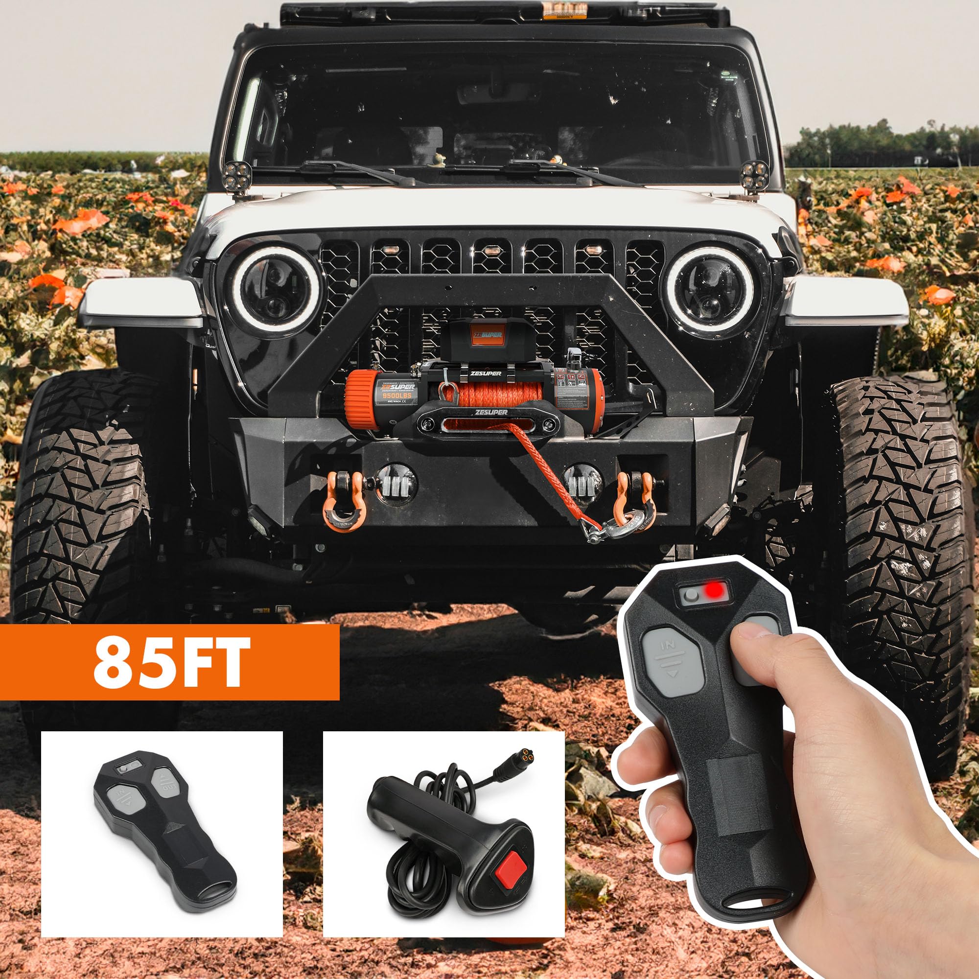 ZESUPER 9500 lb Electric Winch - 12V Heavy Duty Winch with Hawse Fairlead, IP67 Waterproof, Wireless Remote & Wired Handle, Synthetic Rope - Ideal for Off-Roading, Towing, and Marine Applications