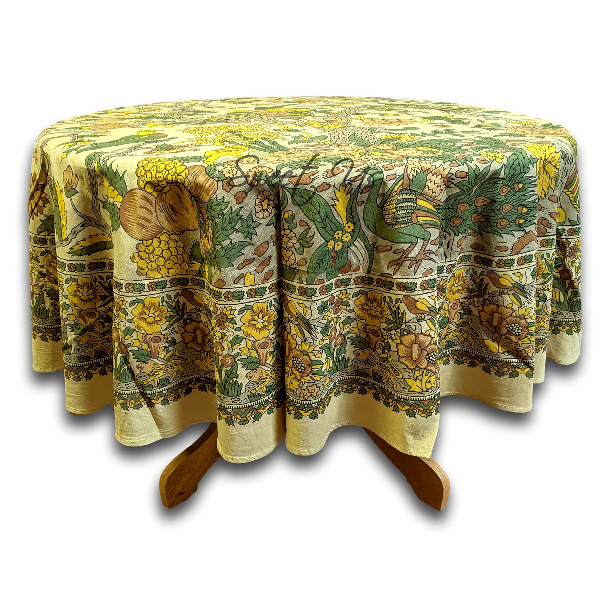 72-inch Round Cotton Floral Tablecloth - Tree of Life Design in Linen Beige & Yellow for Kitchen & Dining | Indoor/Outdoor Use for Parties, Weddings & Daily Dining
