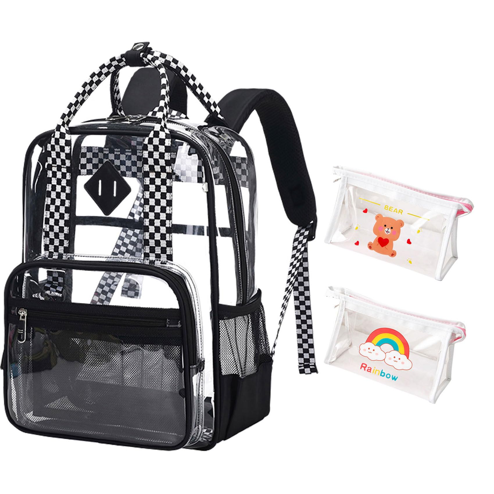 KEBEIXUAN Heavy Duty Clear Backpack - Transparent School Backpack with Multiple Pockets for Students, Work & Travel (3-Piece Set, Plaid Black) | Perfect for Concerts, Stadium Events & Airport Security