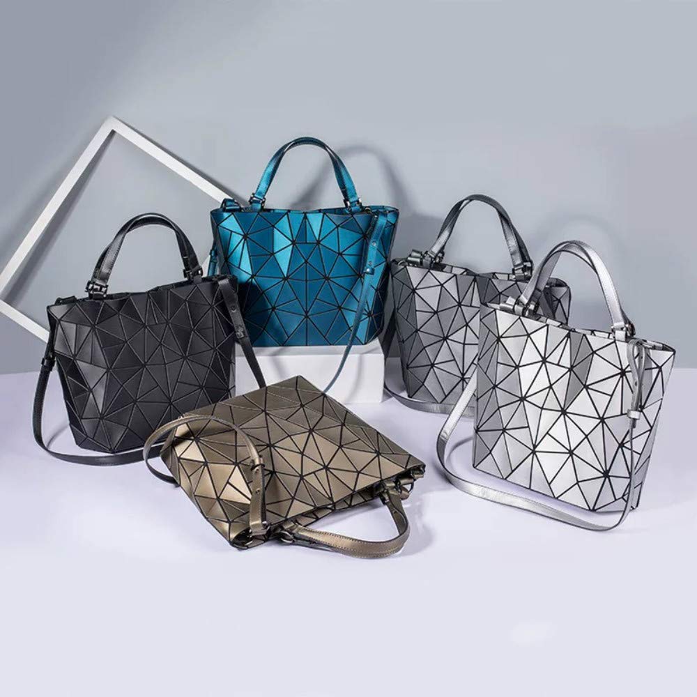 Geometric Luminous Handbag - Shard Lattice Eco-Friendly Vegan Leather Rainbow Holographic Purse for Women, Silver Large Size | Perfect for Night Out, Party, Club & Festival Accessories