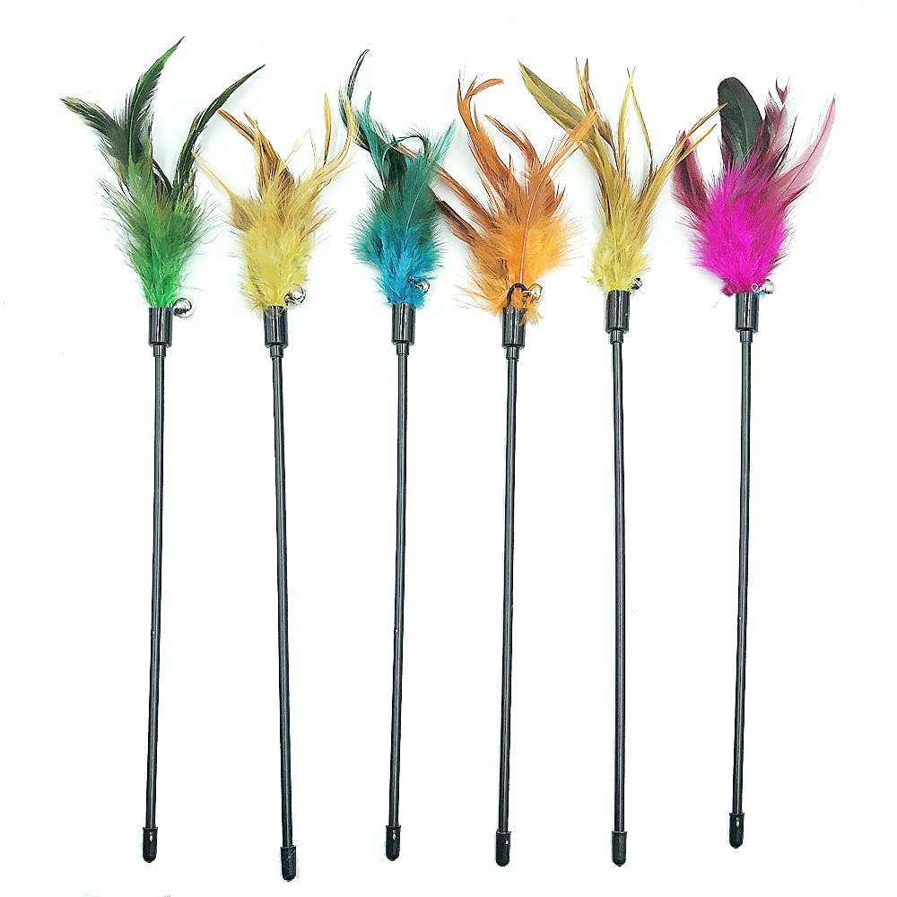 6 PCS Interactive Cat Wand Toys with Feathers & Bell - Fun Teaser Wand for Indoor Cats & Kittens - Perfect for Playtime, Exercise & Bonding