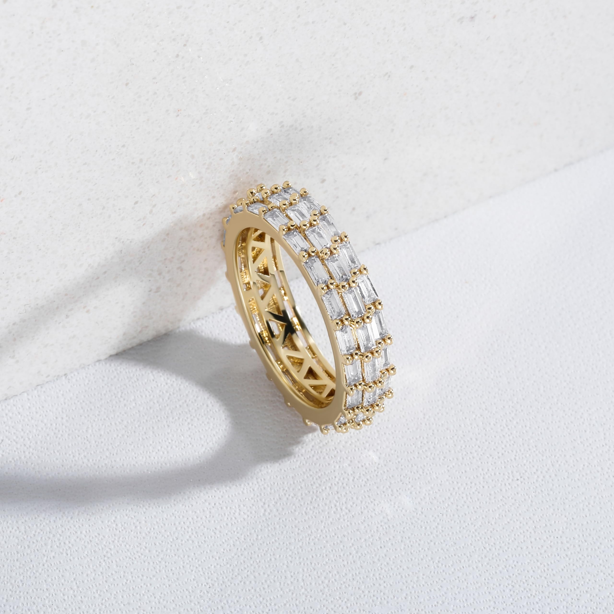 TOPGRILLZ 3 Rows Baguette Wedding Band Ring for Women - 18K Gold Plated Diamond Eternity Ring with 4 Prong Setting - Perfect for Engagement, Anniversary & Bridal Jewelry Gifts - Ideal for Weddings, Proposals & Special Occasions