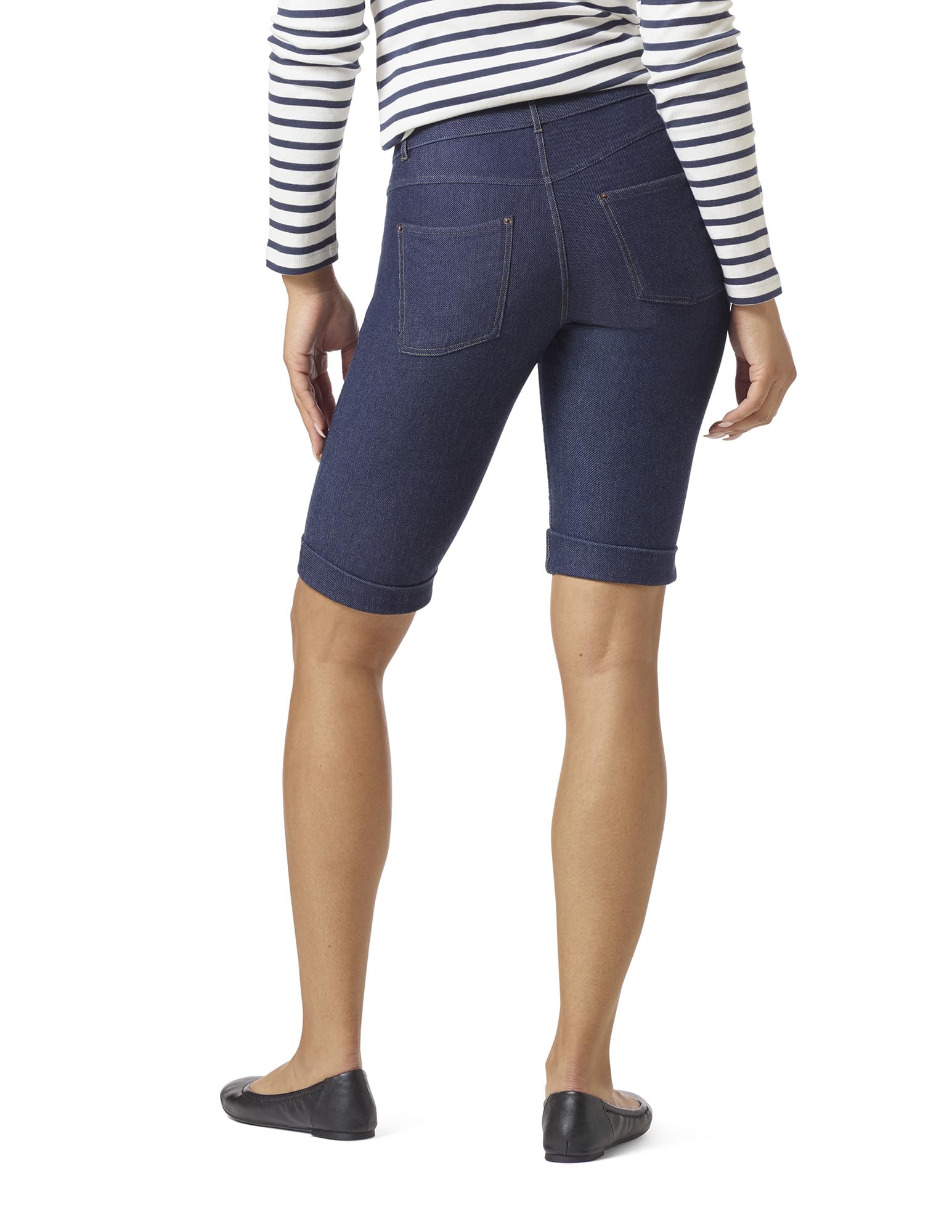 HUE Women's Essential Denim Shorts with Rolled Cuffs - Pull On Bermuda Jean Shorts for Casual Wear, Summer Outfits & Beach Vacation