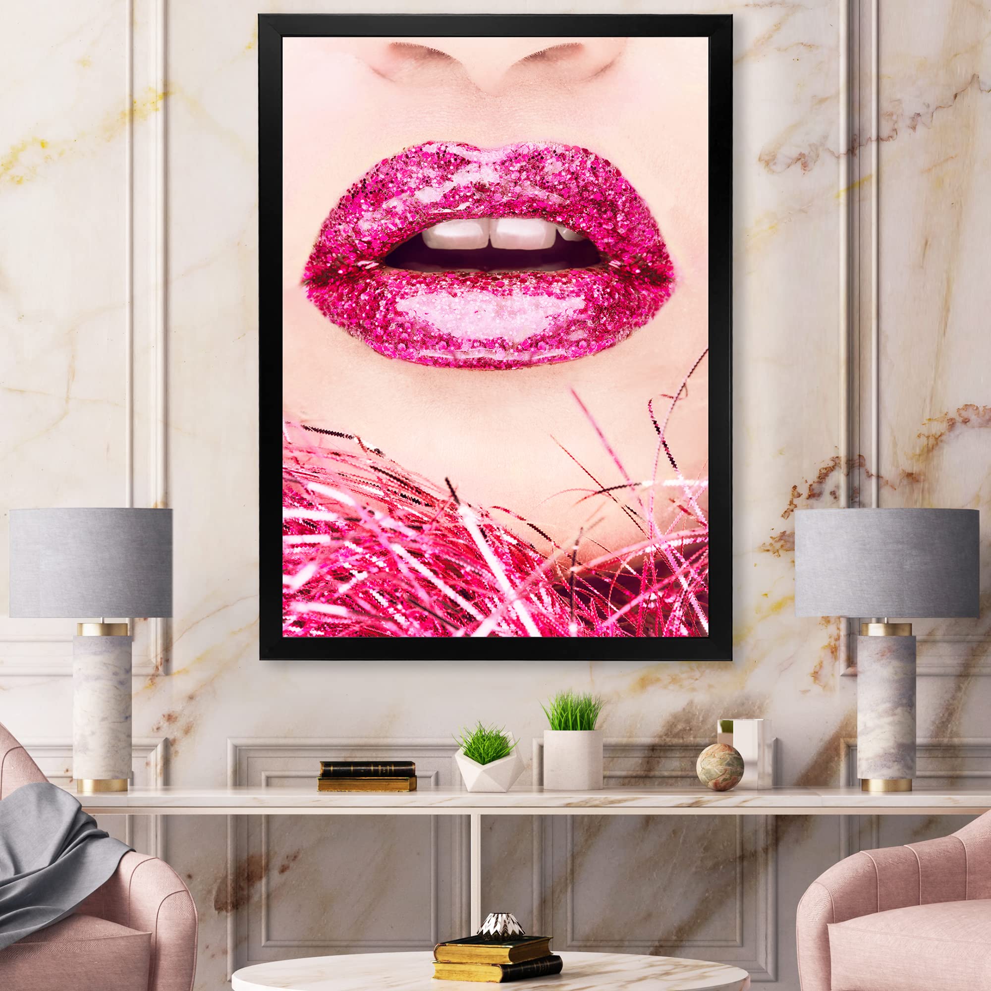 DesignQ Golden Woman Lips II Modern Framed Wall Art - Elegant Home Decor for Living Room, Bedroom & Office