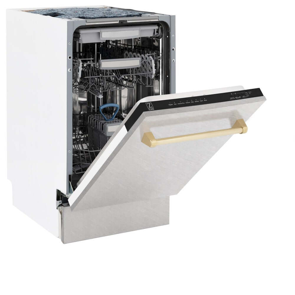 ZLINE Autograph Edition 18-inch Built-In Dishwasher - Tallac Series with 3rd Rack, Top Control, Satin Stainless Steel Panel & Polished Gold Handle, 51dBa (DWVZ SN 18 G) - Perfect for Modern Kitchens and Luxury Home Renovations