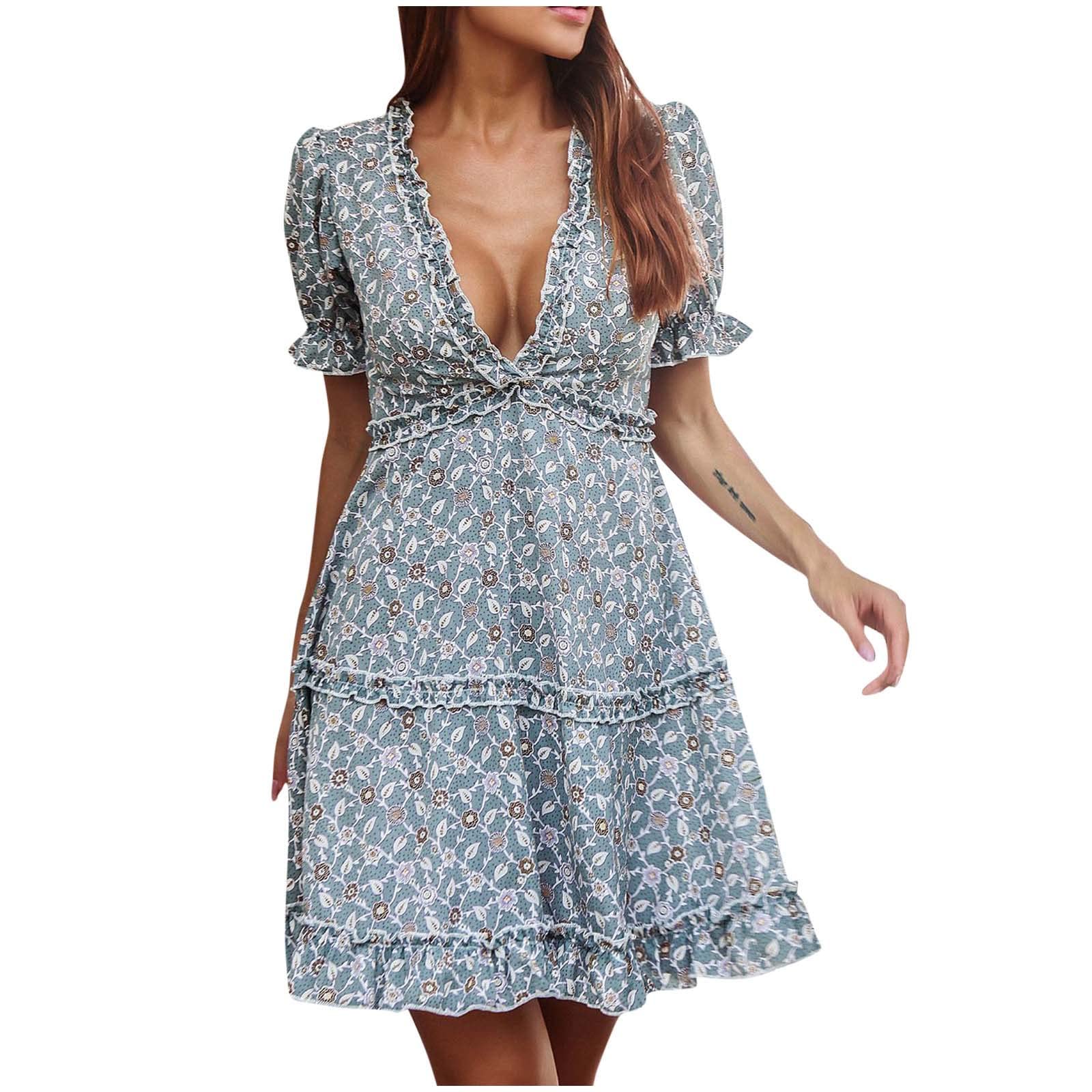 2022 Women's Floral Summer Dresses - Casual Sexy Deep V Neck Lace Patchwork Prom Dress with Ruffled Hem | Perfect for Parties, Weddings & Date Nights