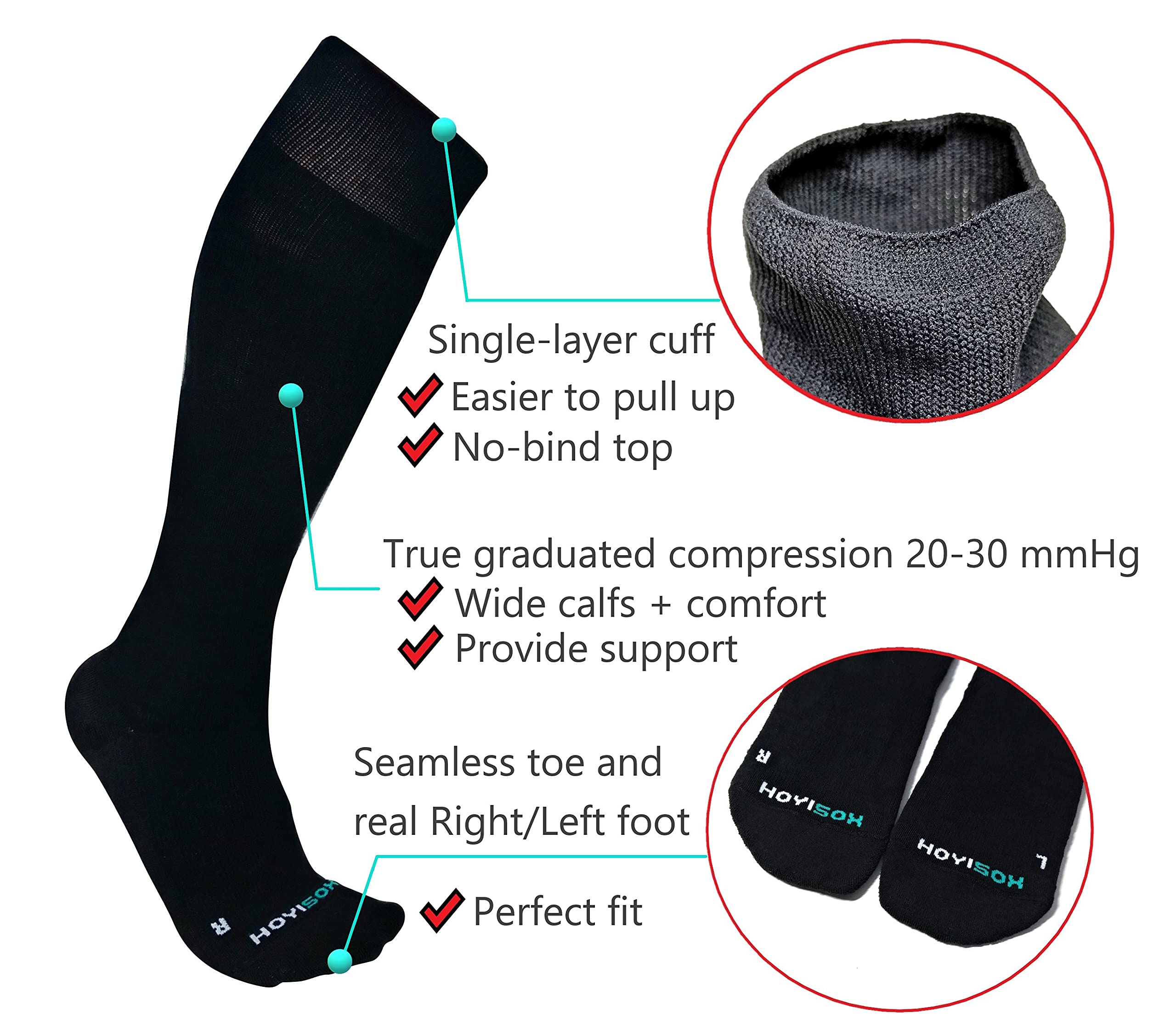 HOYISOX Plus Size Compression Socks 20-30 mmHg for Men & Women - Medical Grade Support for Varicose Veins, Swelling Relief - Perfect for Travel, Running, Nursing & Long Standing