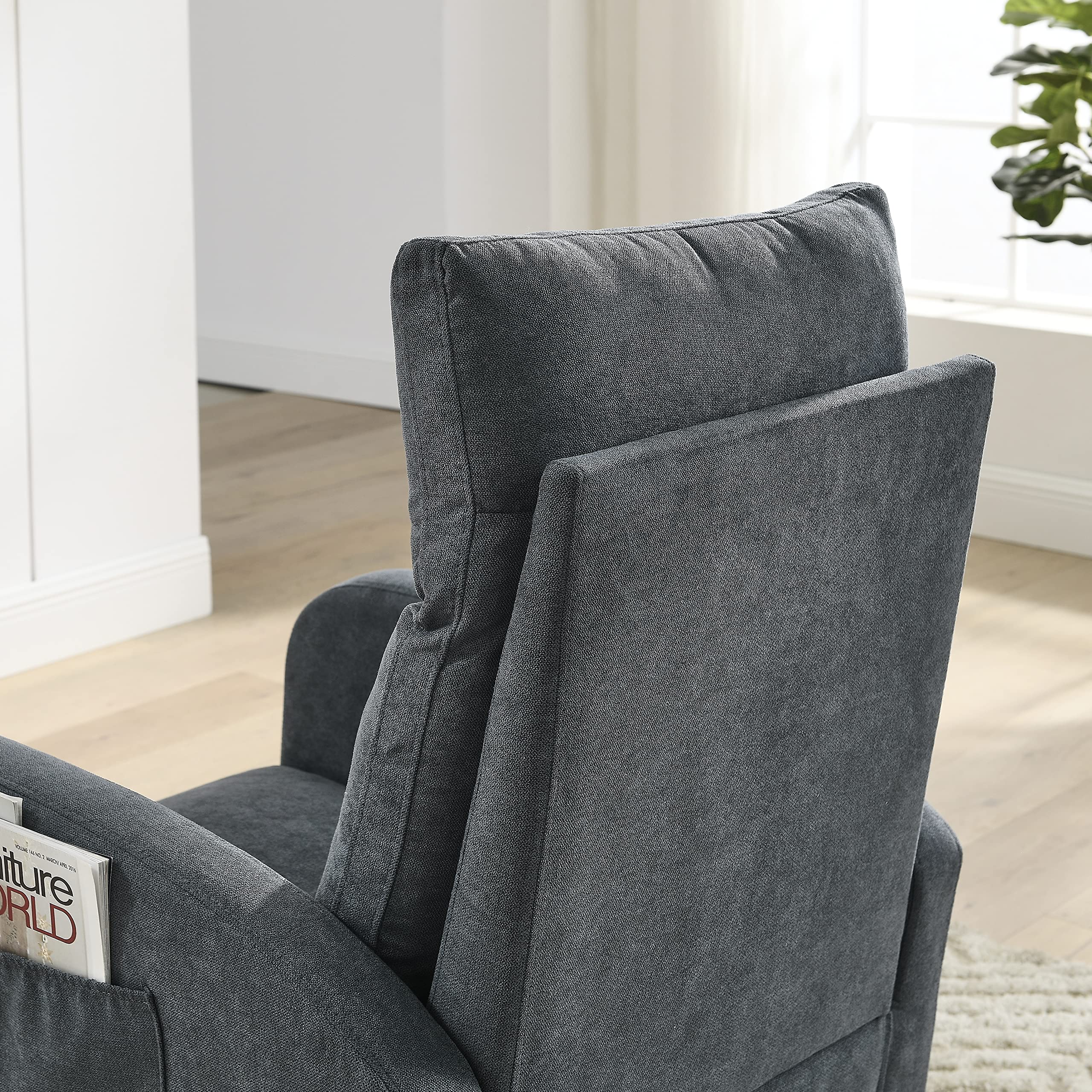 Yoglad Modern Upholstered Rocking Chair - Nursery Glider with Side Pocket, Mid-Century Design Armchair for Baby Room, Kids Bedroom & Living Room (Dark Grey, 27