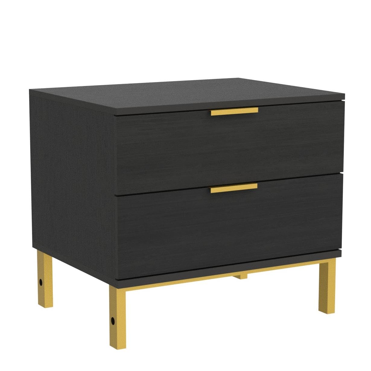 Hitow 2-Drawer Black Nightstand with Golden Metal Legs - Modern Bedside Table & End Table for Bedroom, Living Room - Compact Storage Solution (Set of 2, 19.7