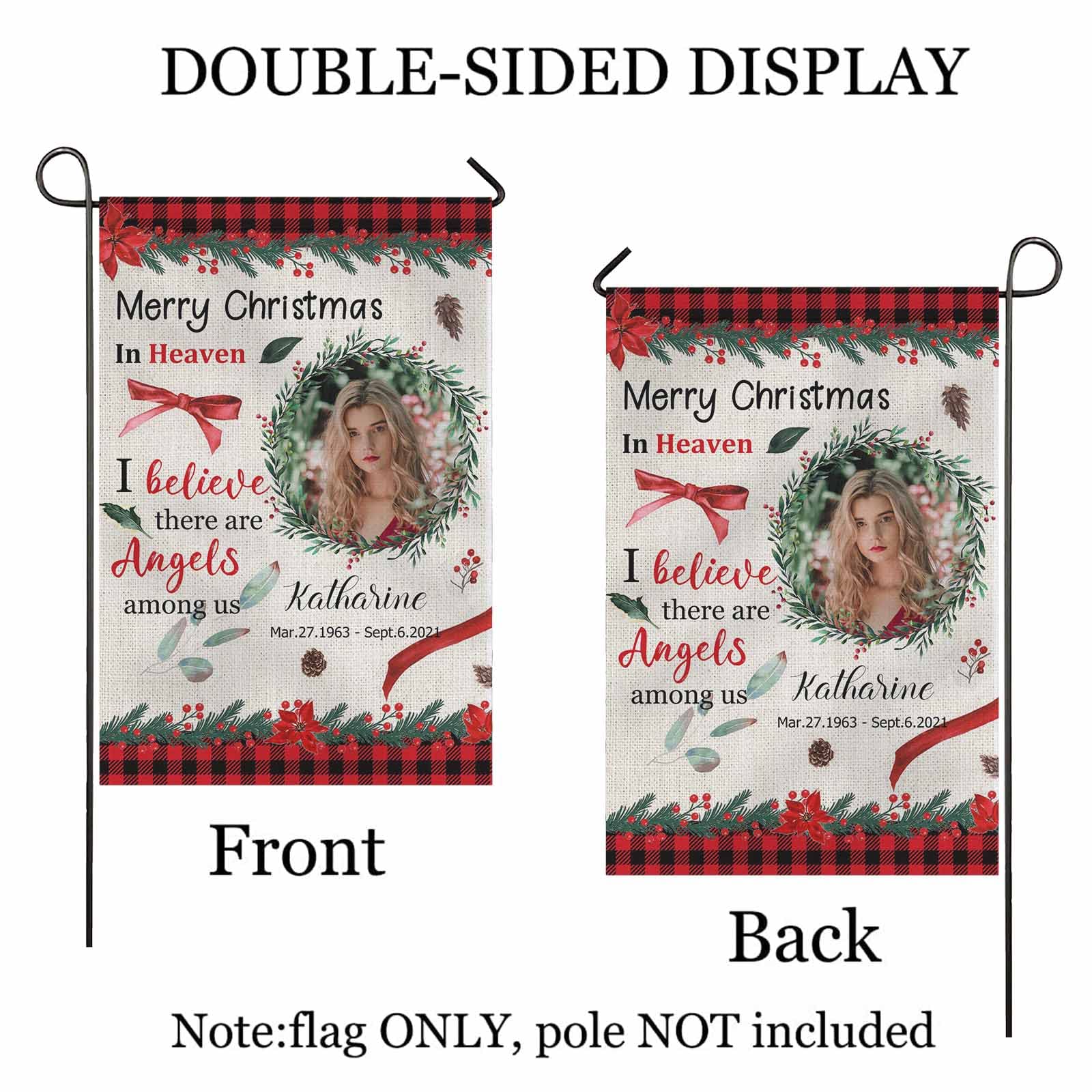 Custom Memorial Garden Flag - Personalized In Loving Memory Yard Banner with Photo & Text - Double Sided 12x18 Inch - Perfect for Graves, Flower Pots & Outdoor Decor - Christmas in Heaven Wreath Design for Holiday Remembrance