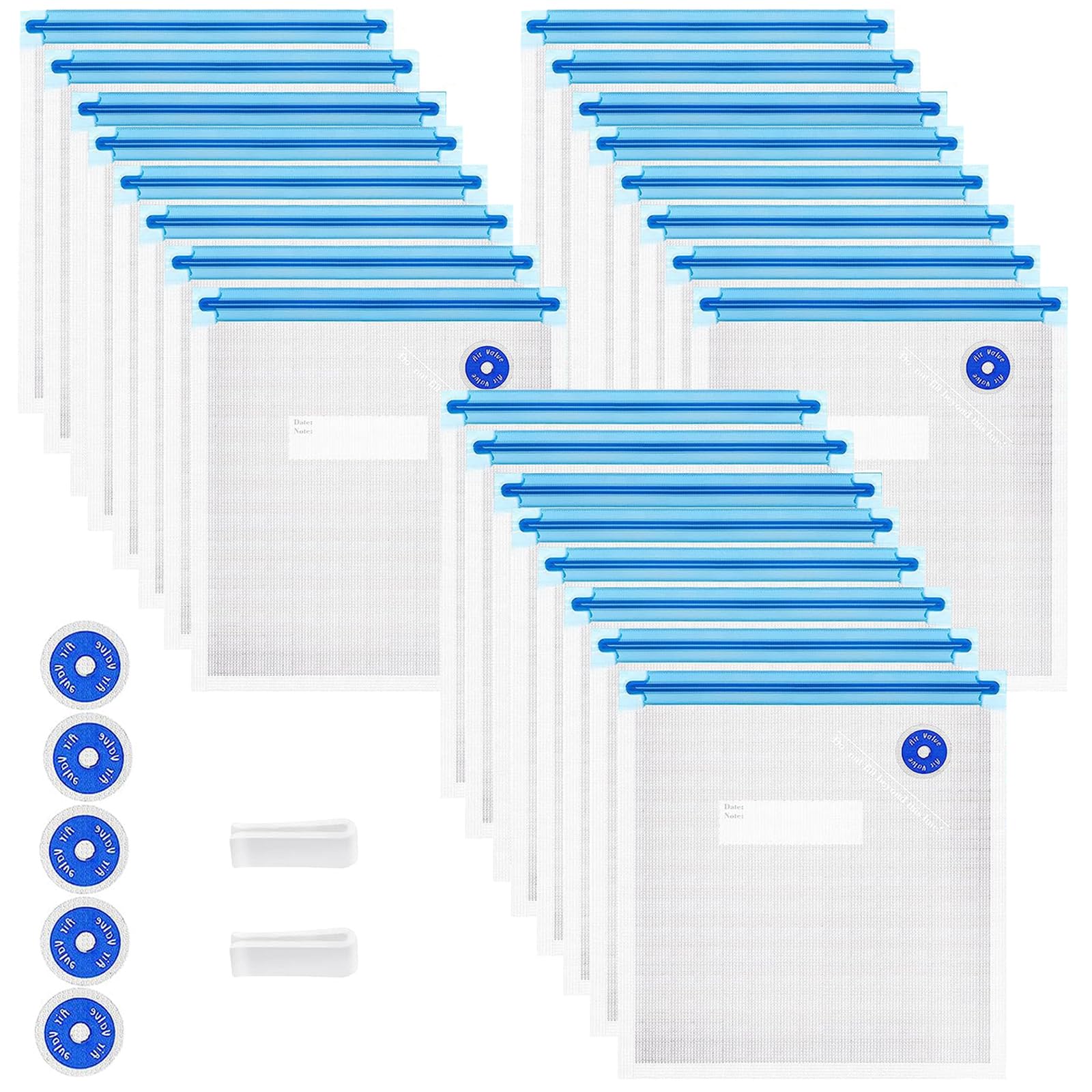 31 Pcs Reusable BPA-Free Sous Vide Bags Set - 24 Vacuum Zipper Bags, 2 Seal Clips & 5 Air Valves (11x10 Inch) | Perfect for Meal Prep, Sous Vide Cooking, Food Storage & Microwave Heating