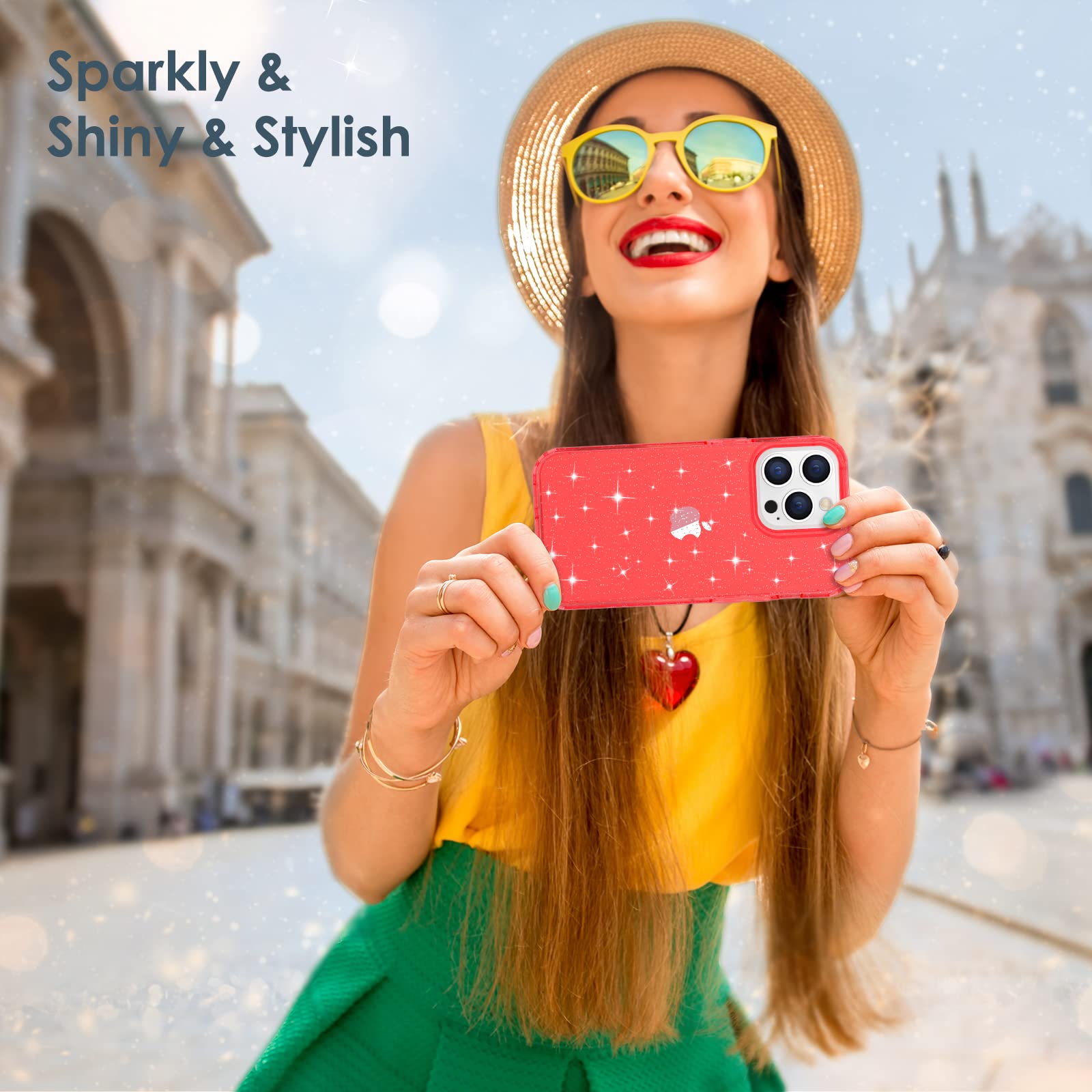Hython Glitter Case for iPhone 13 Pro Max - Sparkly Clear Bling Shockproof Protective Cover | Anti-Scratch Hard PC Slim Fit Phone Case for Women & Girls (Red Glitter) | Perfect for Everyday Use, Parties & Gifts
