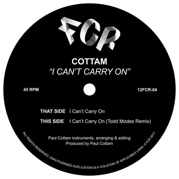 Cottam – I Can't Carry On FCR – 12FCR 04 | Vinyl Record | Electronic Dance Music | Perfect for DJ Sets & Home Listening
