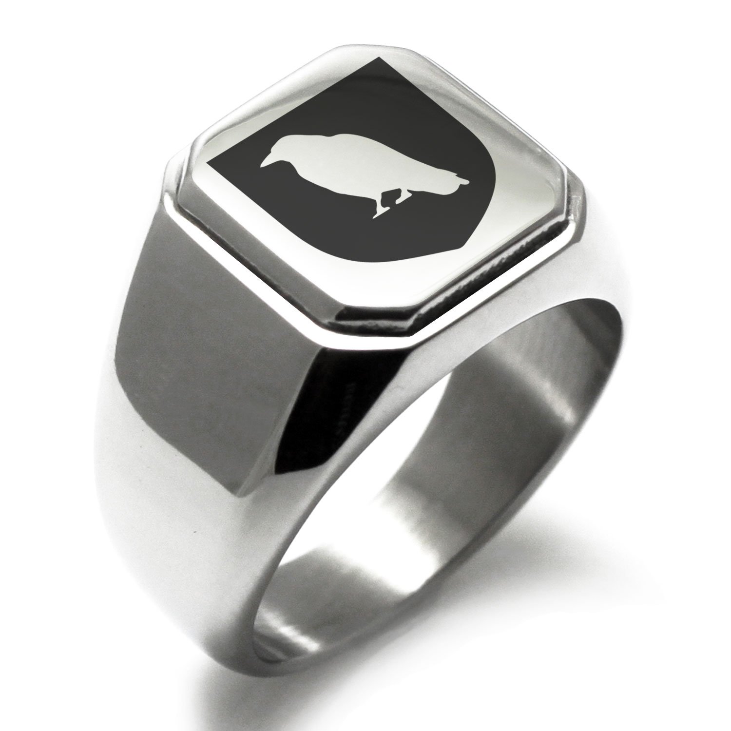Stainless Steel Raven Bringer of Death Shield Symbol Biker Ring - Gothic Coat of Arms Square Flat Top Polished Jewelry for Men - Perfect for Motorcycle Riders, Gothic Fashion & Medieval LARP Costumes