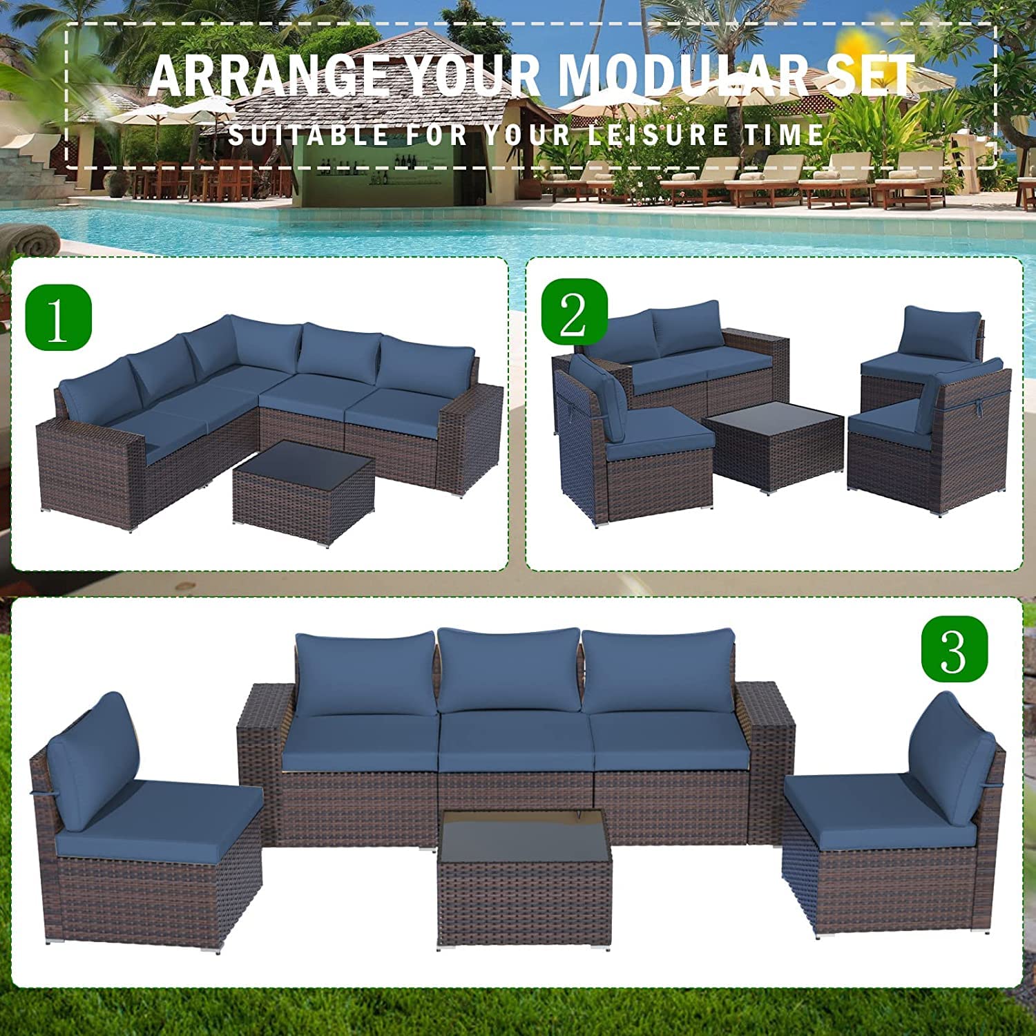 ALAULM 6-Piece Patio Furniture Set - All-Weather PE Rattan Wicker Outdoor Sectional Sofa with 5 Navy Blue Cushions & Coffee Table - Perfect for Backyard, Garden, Poolside & Deck Relaxation