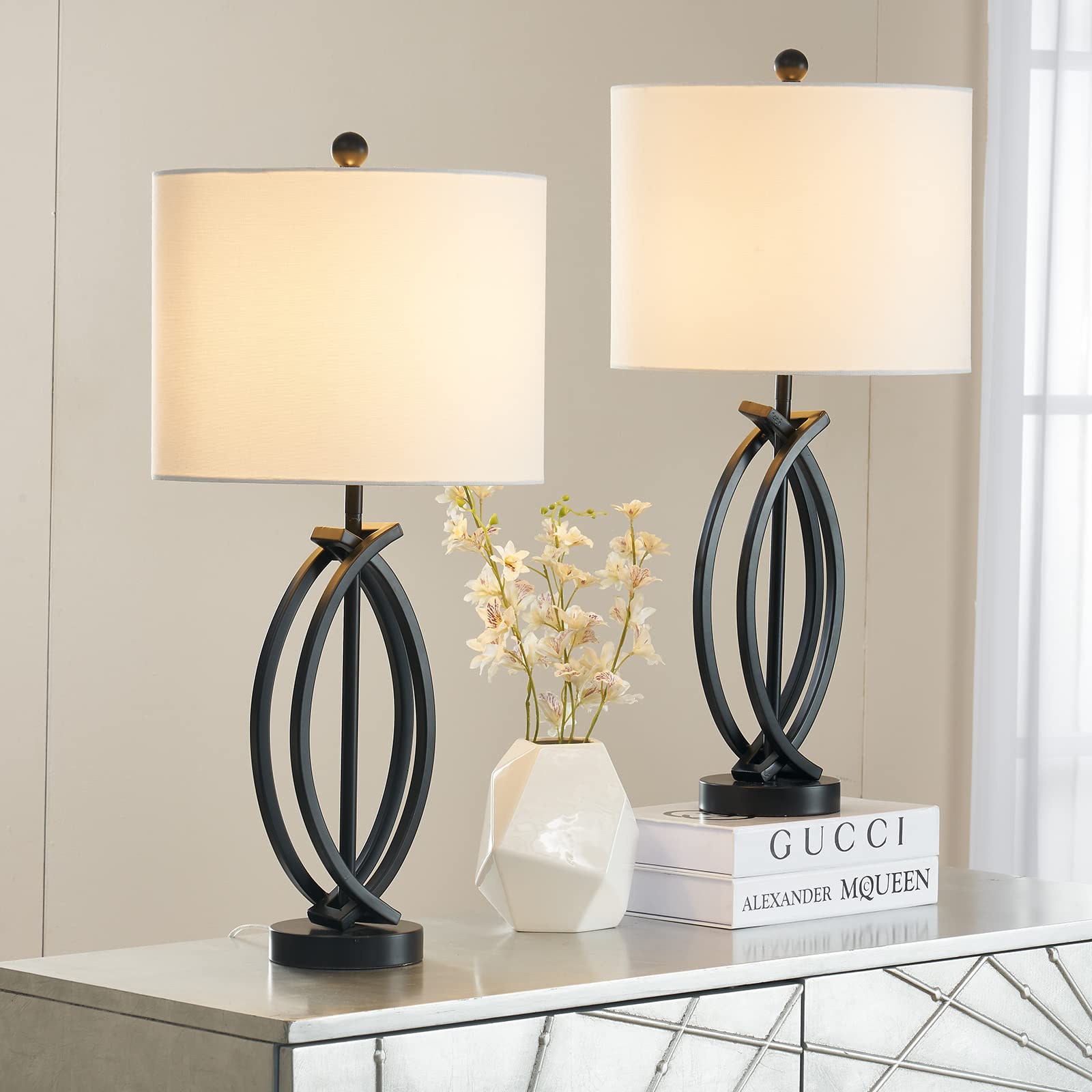 Maxax Set of 2 Vintage Table Lamps - 3-Way Dimmable Black Bedside Lamps for Bedroom, Living Room & Nightstand - 26