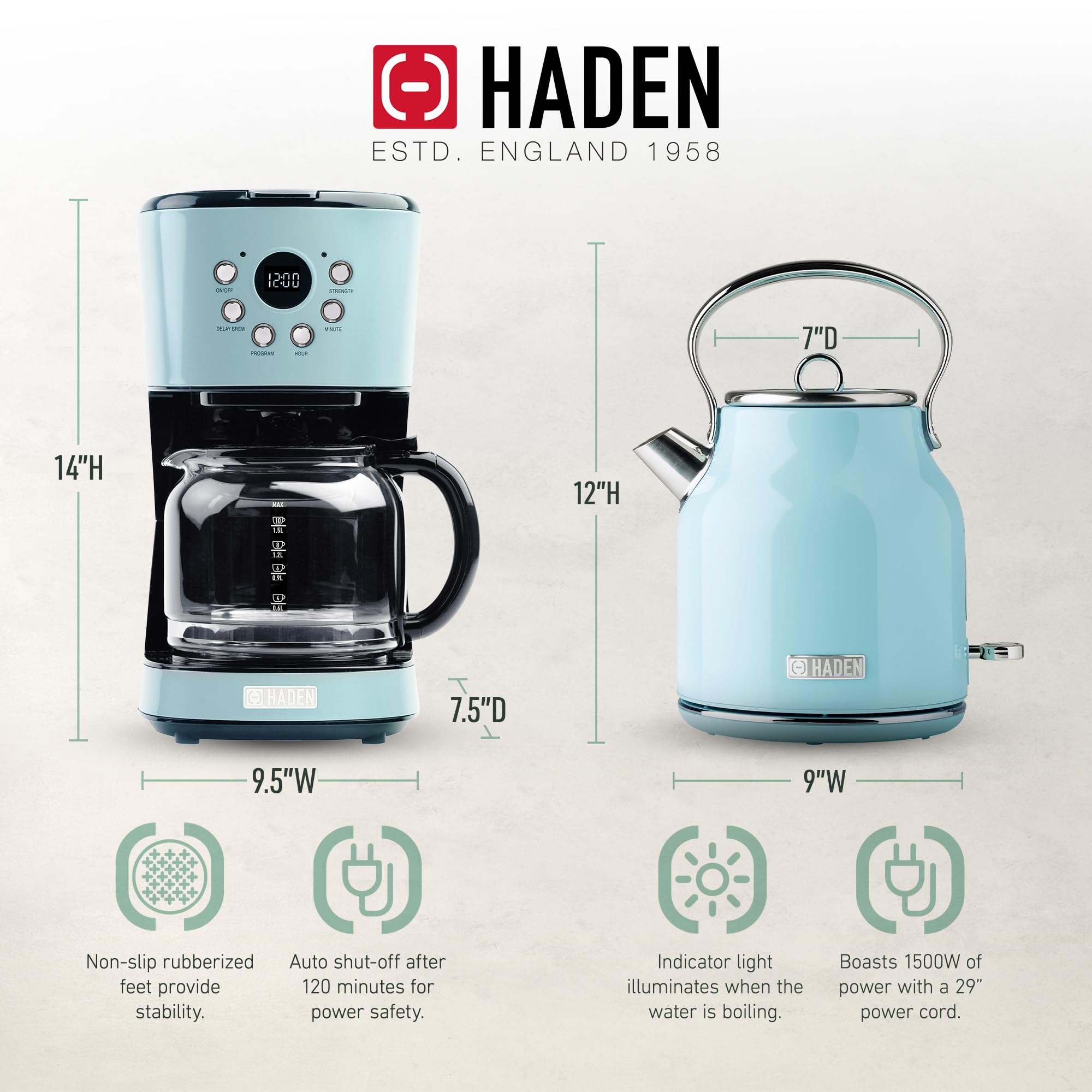 HADEN 12 Cup Drip Coffee Maker with 1.7L Stainless Steel Electric Kettle Set - Turquoise & Chrome - Perfect for Home, Office & Kitchen Use