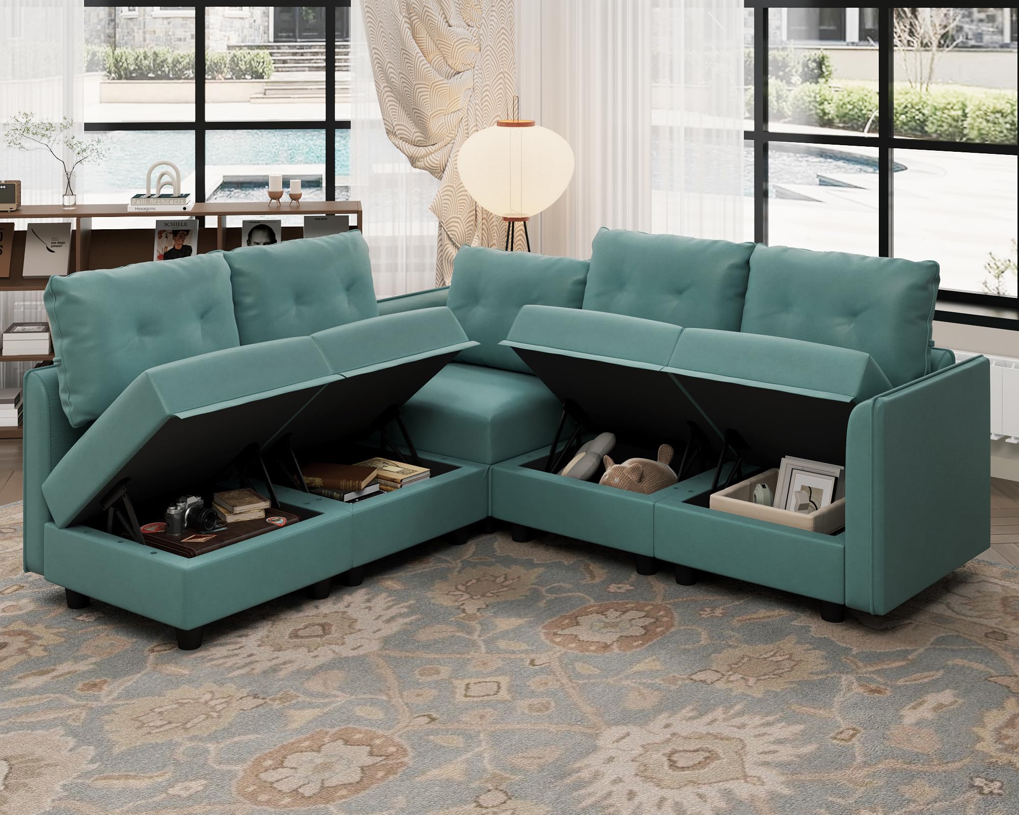 LLappuil Modular Sectional Sofa - 5-Seat Convertible L-Shaped Couch with Storage Chaise, Faux Leather Fabric, Modern Living Room Furniture (Aqua Blue) - Perfect for Small Spaces, Apartments & Home Theater Seating
