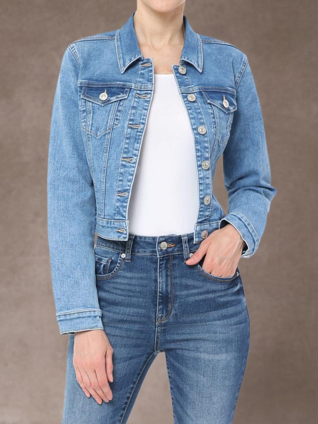 FashionMille Women's Stretchy Knit Comfortable Denim Jean Jacket - Casual Outerwear for Spring & Fall, Perfect for Daily Wear, Travel, and Outdoor Activities