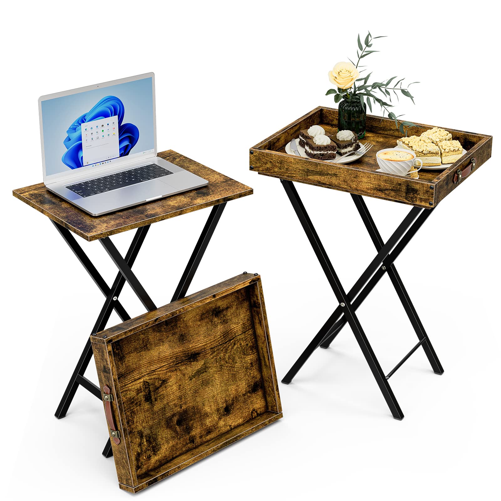 2-Pack TV Tray Tables with Removable Tray Top - Foldable Side Tables for Bedroom, Living Room & Small Spaces - Snack Tables with Serving Tray (Burned Brown) - Perfect for Eating, Working or Watching TV in Compact Areas