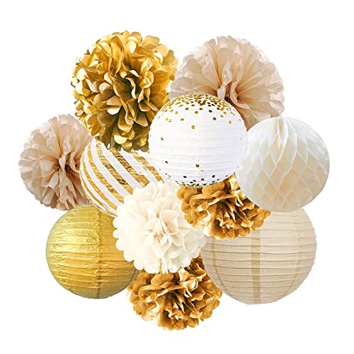 UDERUI 11-Piece Yellow Paper Lanterns Set - Mixed Paper Pom Poms & Hanging Ball Decorations for Wedding, Party, DIY Home Decor - Perfect for Indoor/Outdoor Events & Festive Celebrations