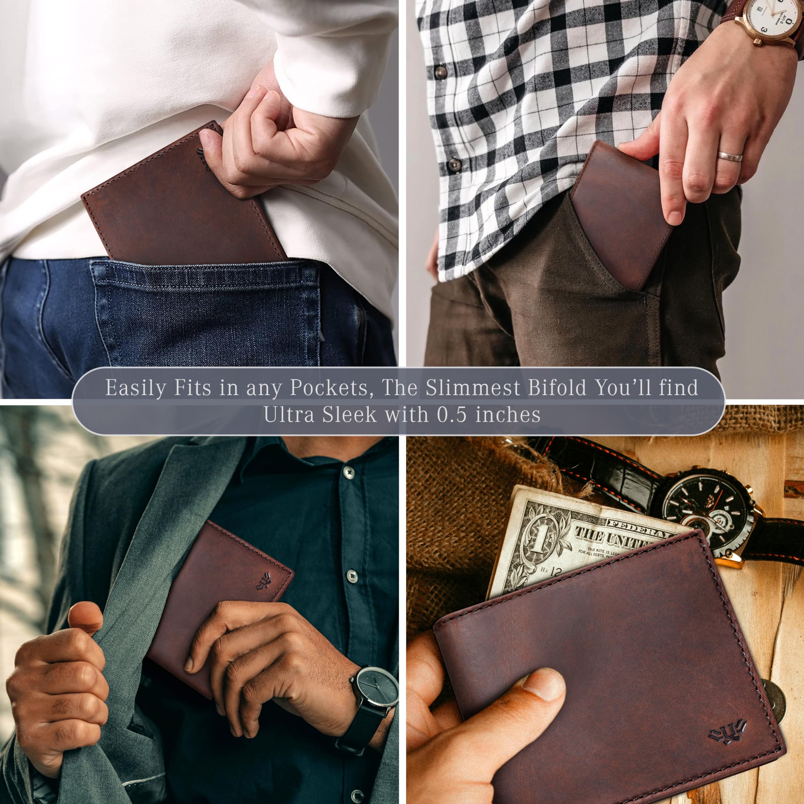 LUXEORIA Genuine Leather Wallet for Men - Handcrafted Slim Bifold RFID Blocking Travel Wallet | Anti-Theft Minimalist Design | Perfect for Everyday Use, Business Travel & Gifts (Brown)