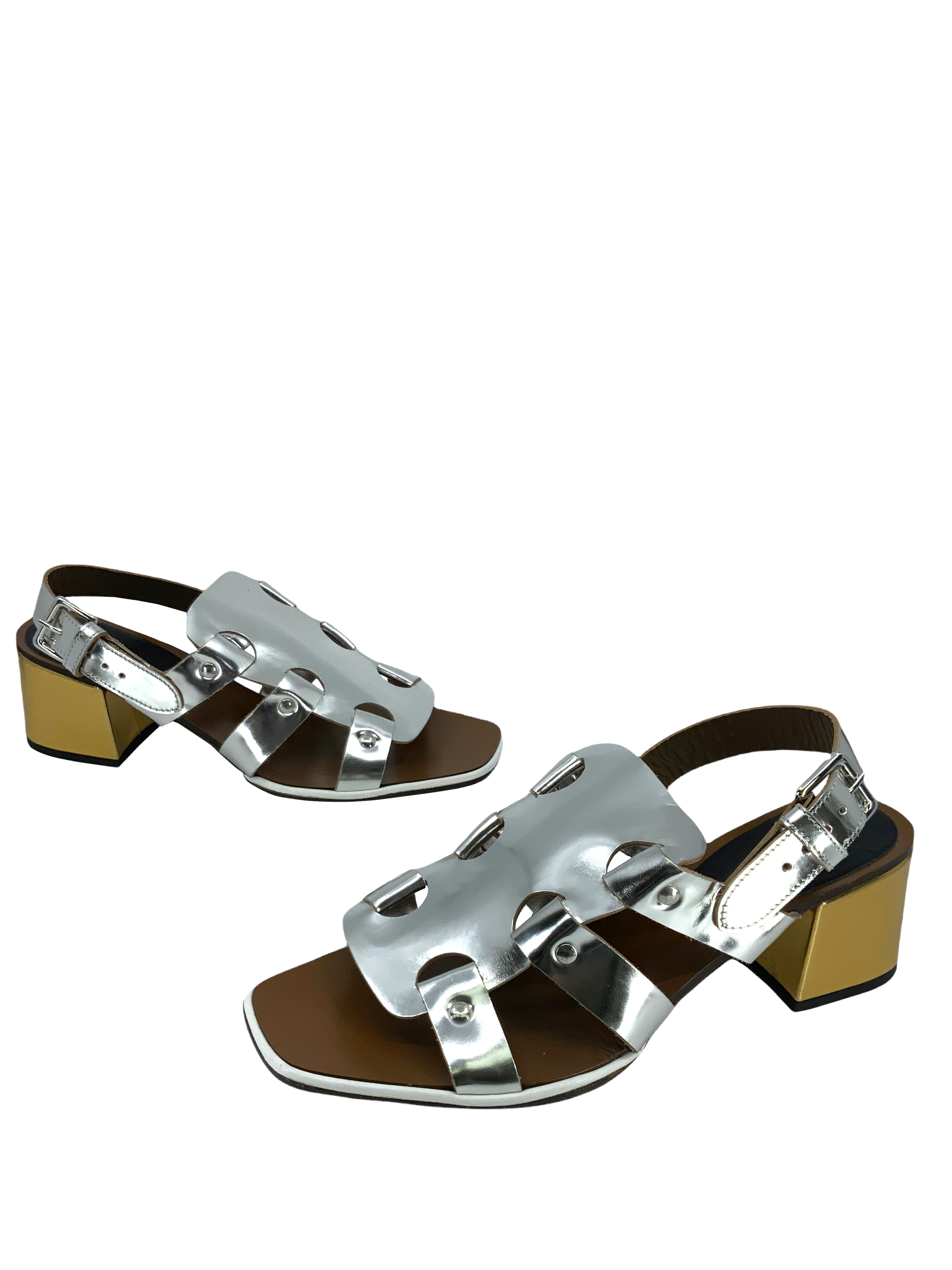 MARNI Women's Metallic Strappy Leather Gladiator Sandals Size 8.5 - Fashionable Summer Footwear for Parties, Weddings & Date Nights