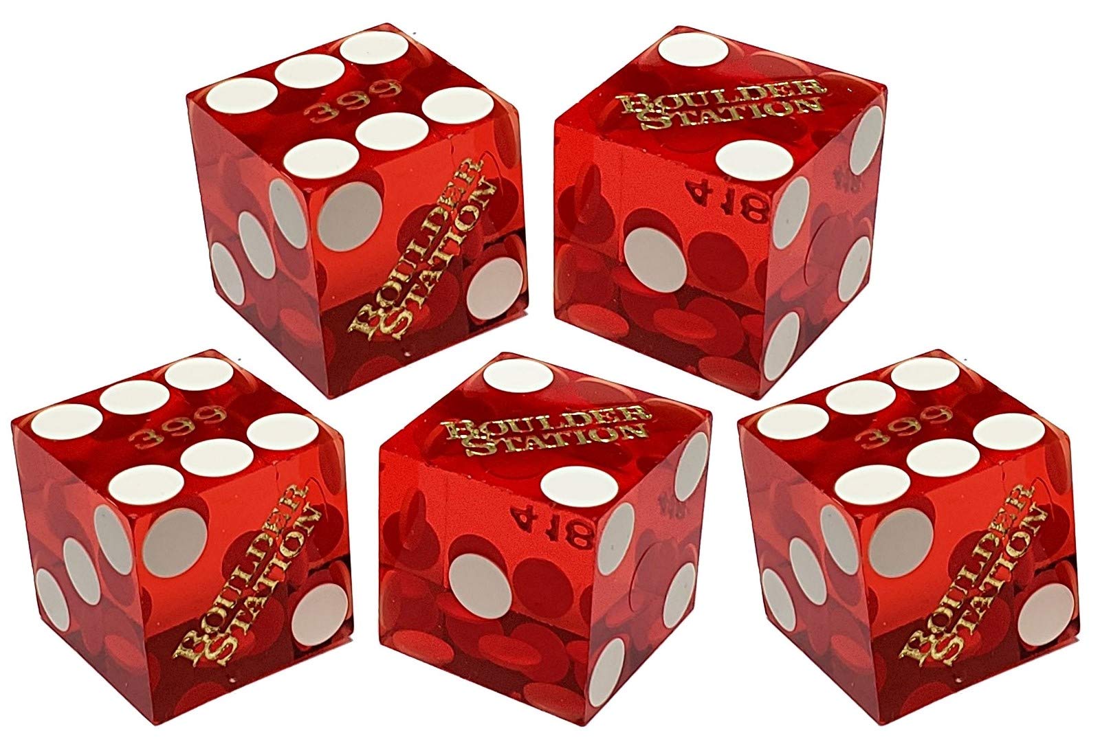 Premium Set of 5 Las Vegas Style 19mm Casino Craps Dice with Clear Acrylic Dice Boat & Black Velvet Pouch - Boulder Station Red Polished - Perfect for Casino Games, Gambling Enthusiasts, and Home Poker Nights