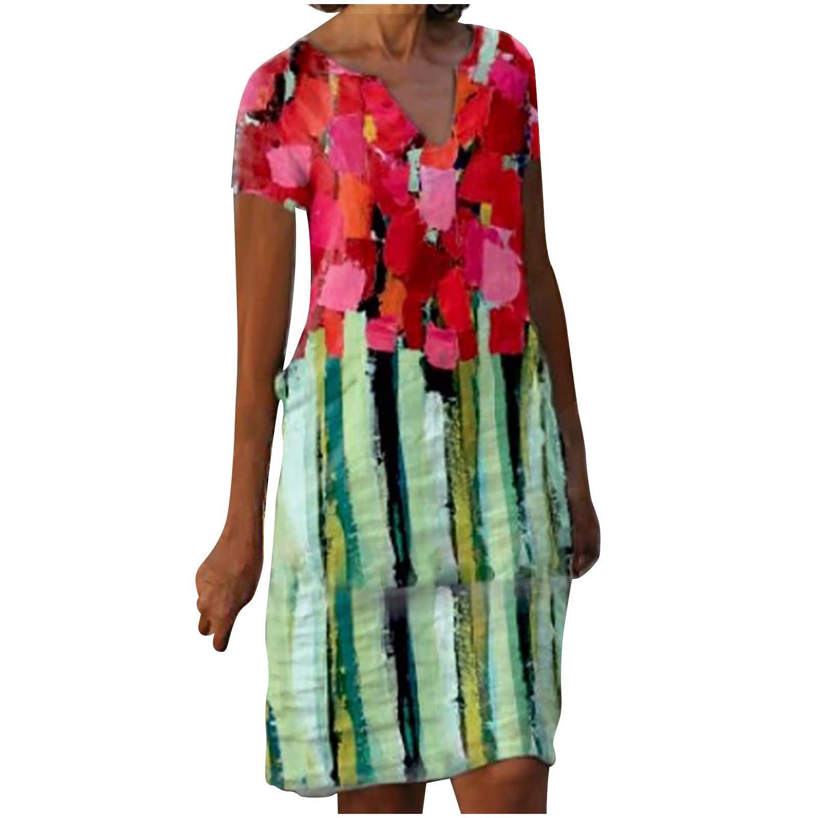 2022 Summer Dresses for Women - Vintage Floral Short Sleeve Shift Midi Dress with V-Neck | Casual Knee-Length Wedding Guest Dress | Perfect for Beach Vacations, Garden Parties & Date Nights