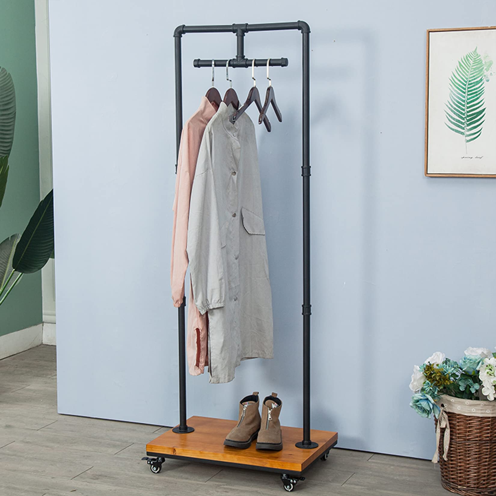 Heavy Duty Industrial Pipe and Wood Garment Rack - Metal Clothing Storage Shelves for Retail Stores, Floor Standing Display Rack with Pipeline Shelf Design - Perfect for Boutique, Closet Organization and Commercial Apparel Display (Black)