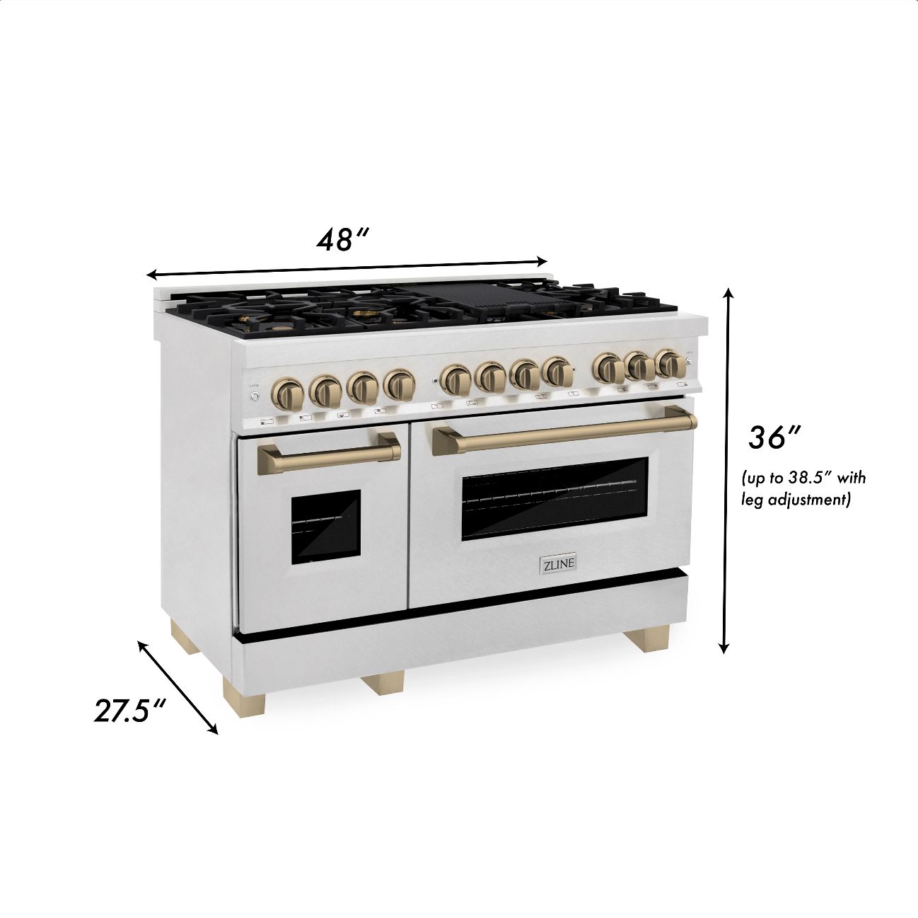 ZLINE 48-Inch Autograph Edition Dual Fuel Range - 6.0 cu. ft. Capacity, 7-Burner Gas Cooktop & 2 Electric Ovens - Satin Stainless Steel with Champagne Bronze Accents (RASZ SN 48 CB) - Perfect for Professional Home Kitchens & Gourmet Cooking