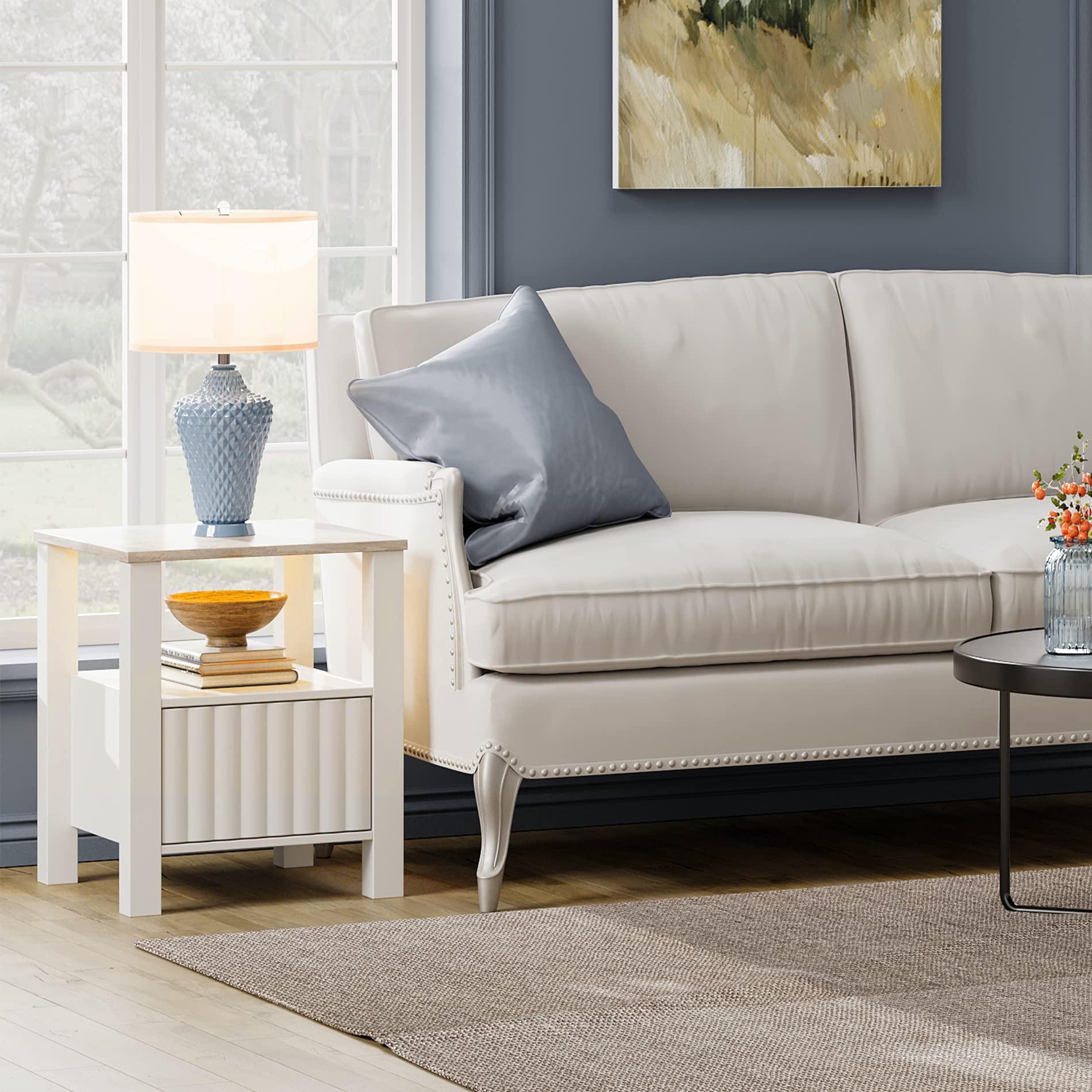 WAMPAT White End Table with Storage Cabinet & Open Shelf, Wood Nightstand with Faux Marble Tabletop & LED Light - Perfect for Living Room, Bedroom & Small Spaces (White/Grey) | Modern Side Table for Home Decor, Apartment Essentials & Cozy Lighting