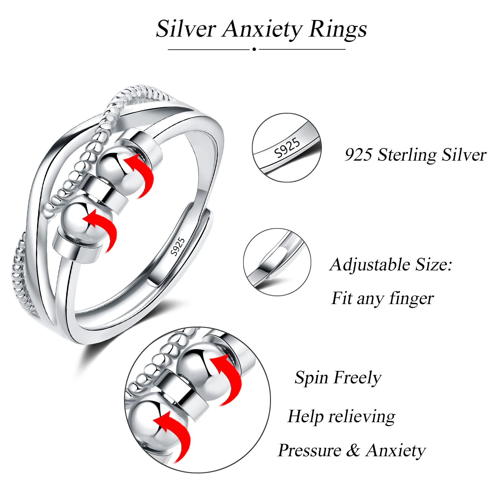 925 Sterling Silver Anxiety Fidget Ring for Women & Men - Adjustable Stress Relief Mood Ring with Infinity Beads - Loutade Silver Spinner Ring for Anxiety & ADHD - Perfect Relaxing Gift for Office, Travel & Daily Stress Relief