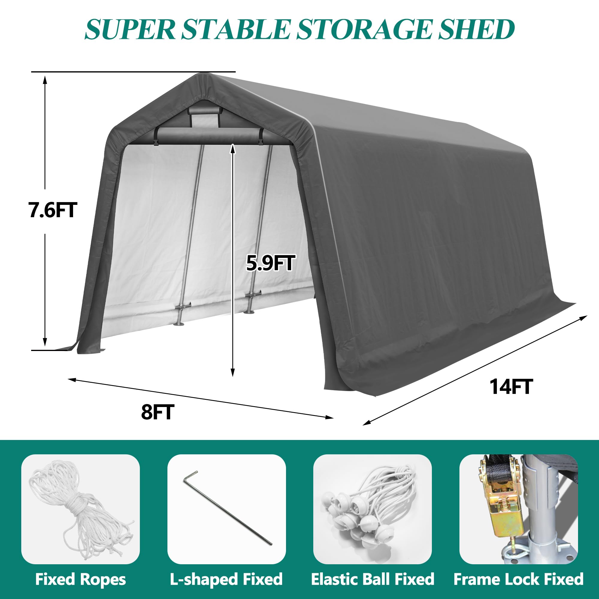 8' x 14' Heavy Duty Outdoor Storage Shelter Shed - Waterproof Portable Garage with Roll-up Ventilated Windows for Bike, ATV, Motorcycle, Lawn Equipment - Perfect for Backyard, Patio, and Driveway Storage (Gray)