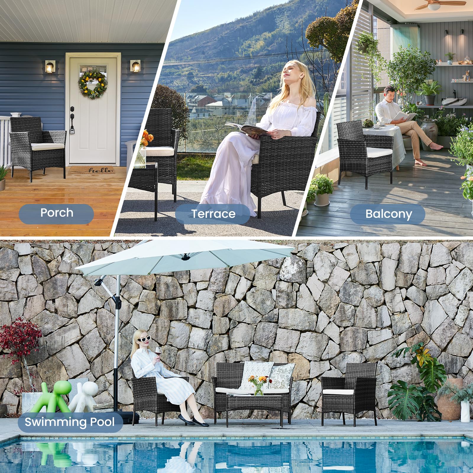 DUMOS 4-Piece Outdoor Patio Furniture Set - Modern Wicker Rattan Sofa & Coffee Table Conversation Set for Garden, Terrace, Porch, Balcony - Weather-Resistant Black & Beige Design | Perfect for Backyard Relaxation, Poolside Lounging & Outdoor Entertaining