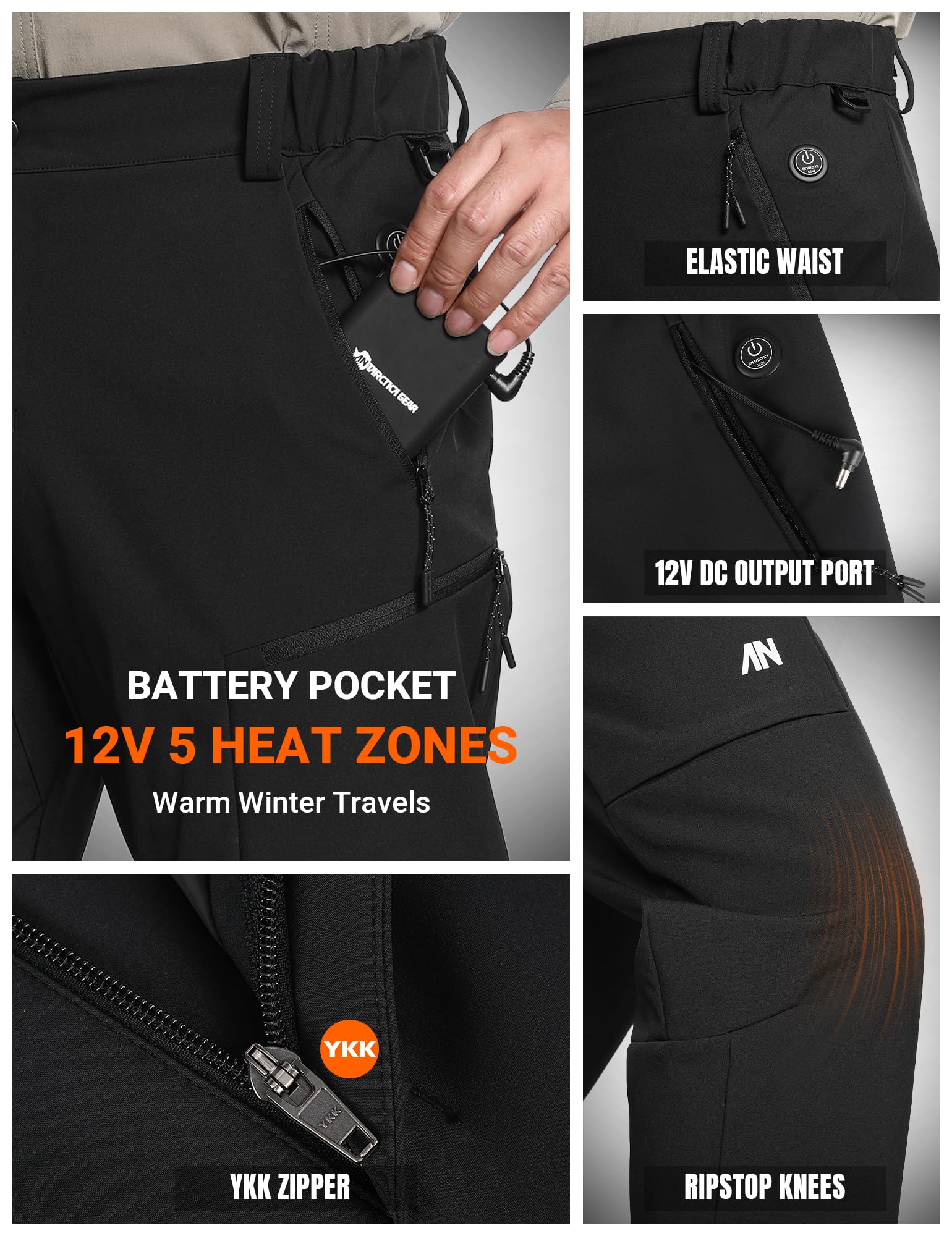 Heated Pants for Men - 12V/20000mAh Rechargeable Battery, 5-Zone Heating System, Softshell Winter Hiking Pants for Outdoor Activities, Skiing & Cold Weather Work