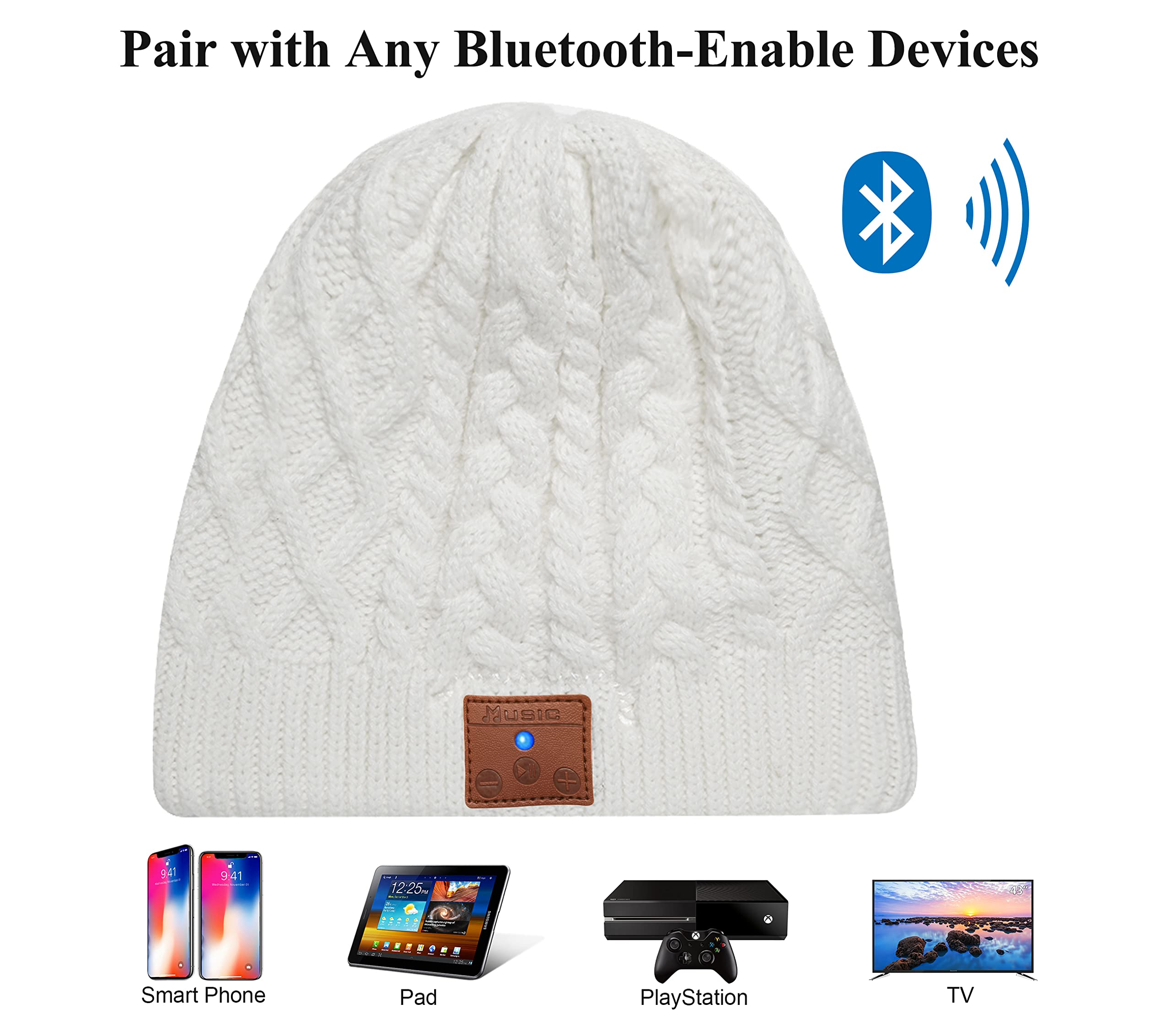 Wireless Bluetooth Beanie Hat with Built-in Headphones - Double Fleece Lined Winter Hat for Men & Women - Perfect Tech Gift for Teens & Adults (White) | Great for Skiing, Running, Commuting & Outdoor Activities