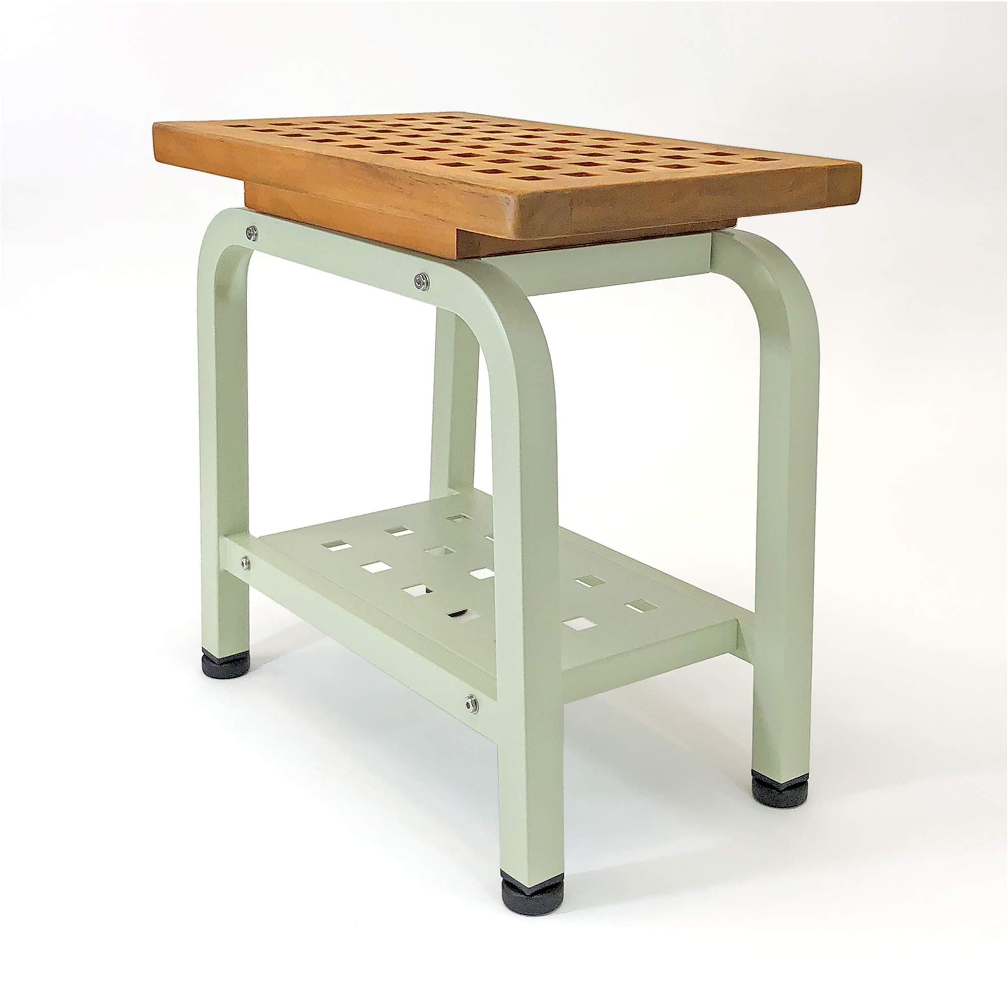 Premium Maya Teak & Aluminum Indoor/Outdoor Shower Bench - Spa, Bath & Patio Stool with Storage Shelf & Adjustable TPR Feet - Anthology Spa Collection (Light Sage) | Perfect for Bathrooms, Poolside, Saunas & Luxury Outdoor Living Spaces
