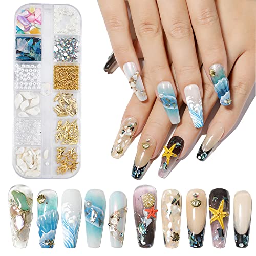 Ocean Themed Nail Art Kit - Irregular Abalone Shell Slices, Conch, Starfish Charms, Colorful Seashell Fragments & Caviar Beads for Nail Design (Style 4) | Perfect for Summer Nails, Beach Party Manicures, and DIY Nail Art Projects