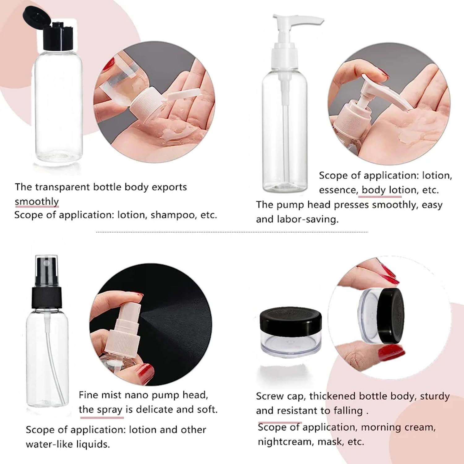 ZELOVI 10-Piece Travel Bottles Kit - Leak Proof Refillable Toiletry Containers for Shampoo, Lotion & Cream | Portable Cosmetic Organizer for Air Travel, Gym, Camping & Daily Essentials (Black)