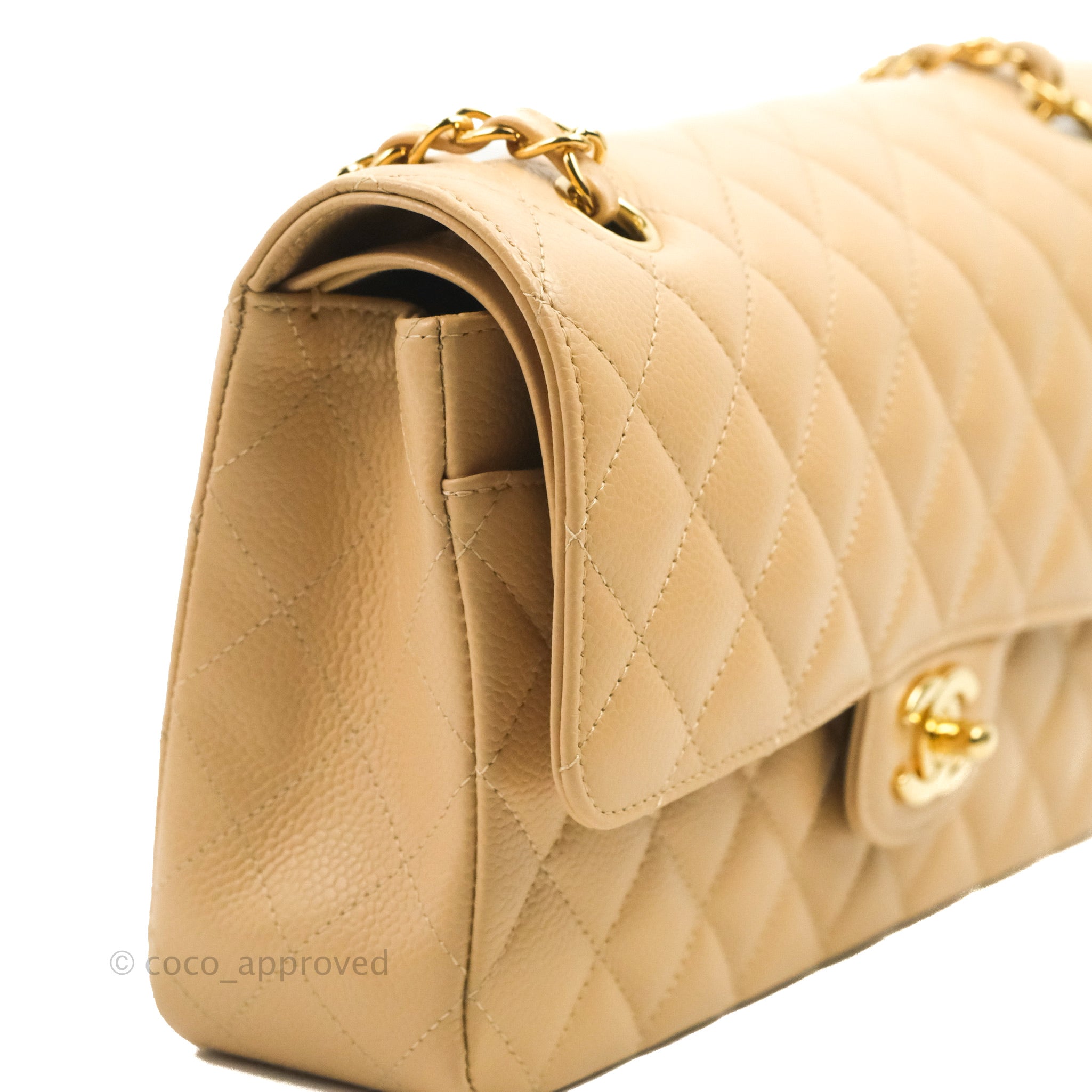 Chanel Classic Medium Flap Bag Quilted Beige Caviar Leather with Gold Hardware - Luxury Crossbody Purse for Women, Perfect for Work, Date Night & Special Occasions