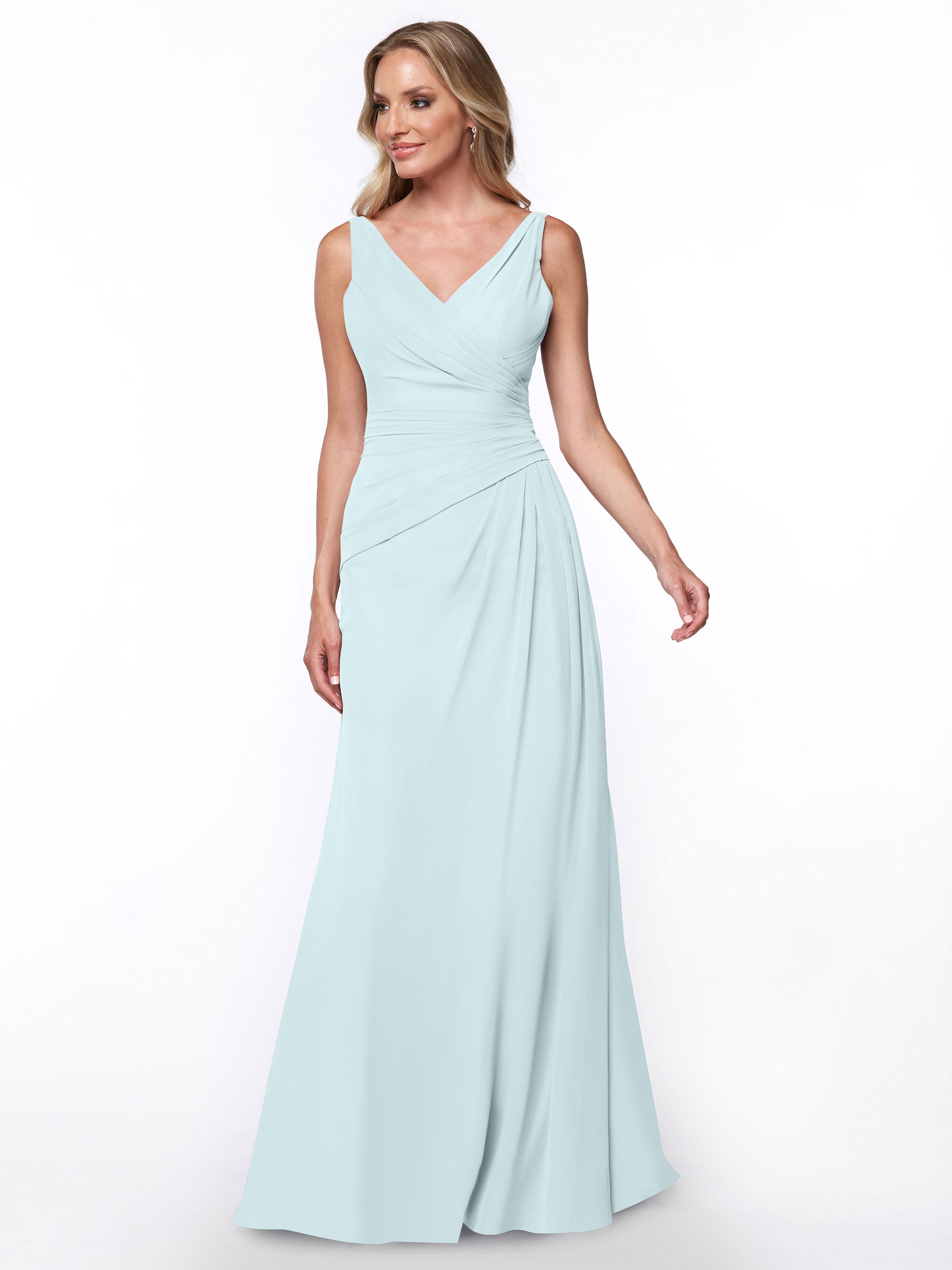 Elegant 80030 Chiffon Sheath Bridesmaid Dress with Ruching V-Neck Bodice - Perfect for Weddings, Formal Events & Special Occasions