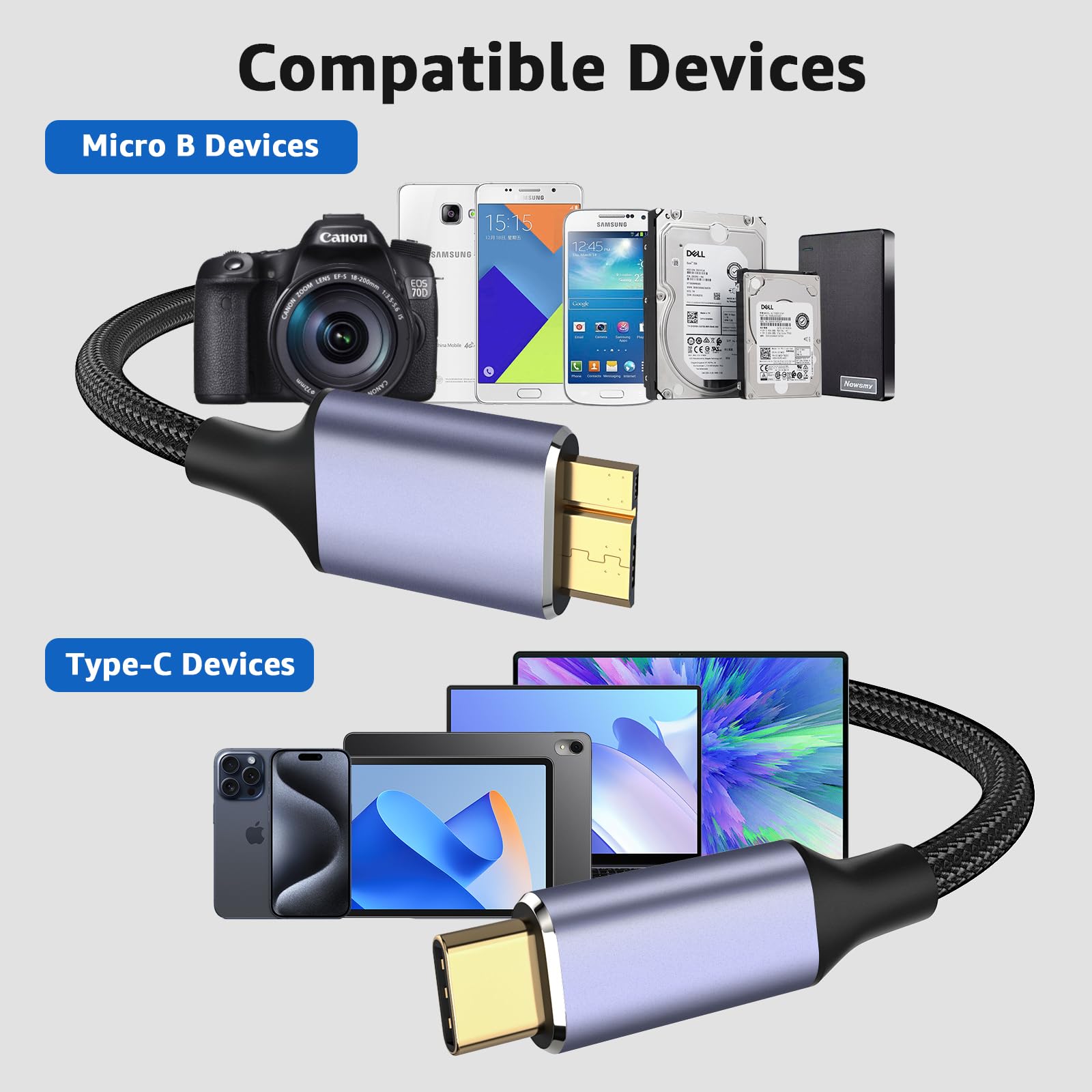 High-Speed Micro B to USB C Cable 3.3FT 10Gbps - External Hard Drive Cable Compatible with MacBook Pro/Air, iPad, iPhone, Samsung Galaxy S24, WD, Seagate - Perfect for Data Transfer & Backup